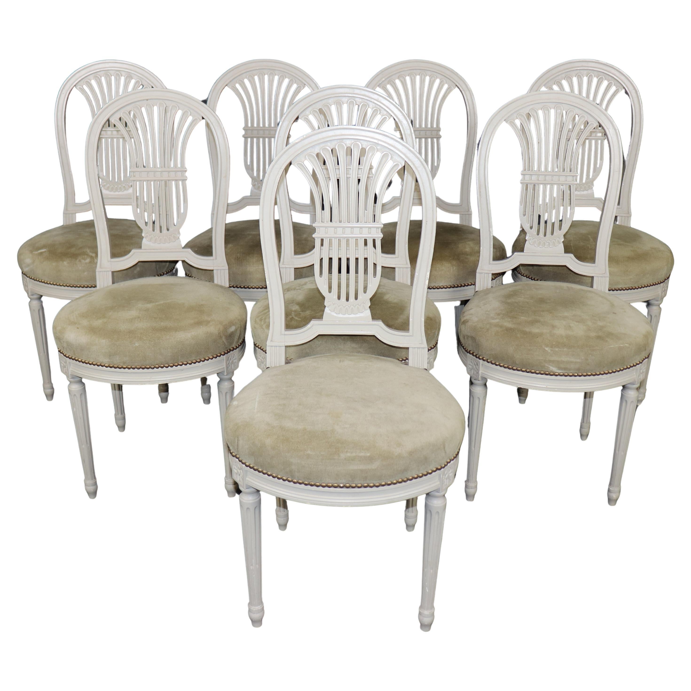 8 White Painted Suede French Louis XVI Style Balloon Chairs by Maison Jansen
