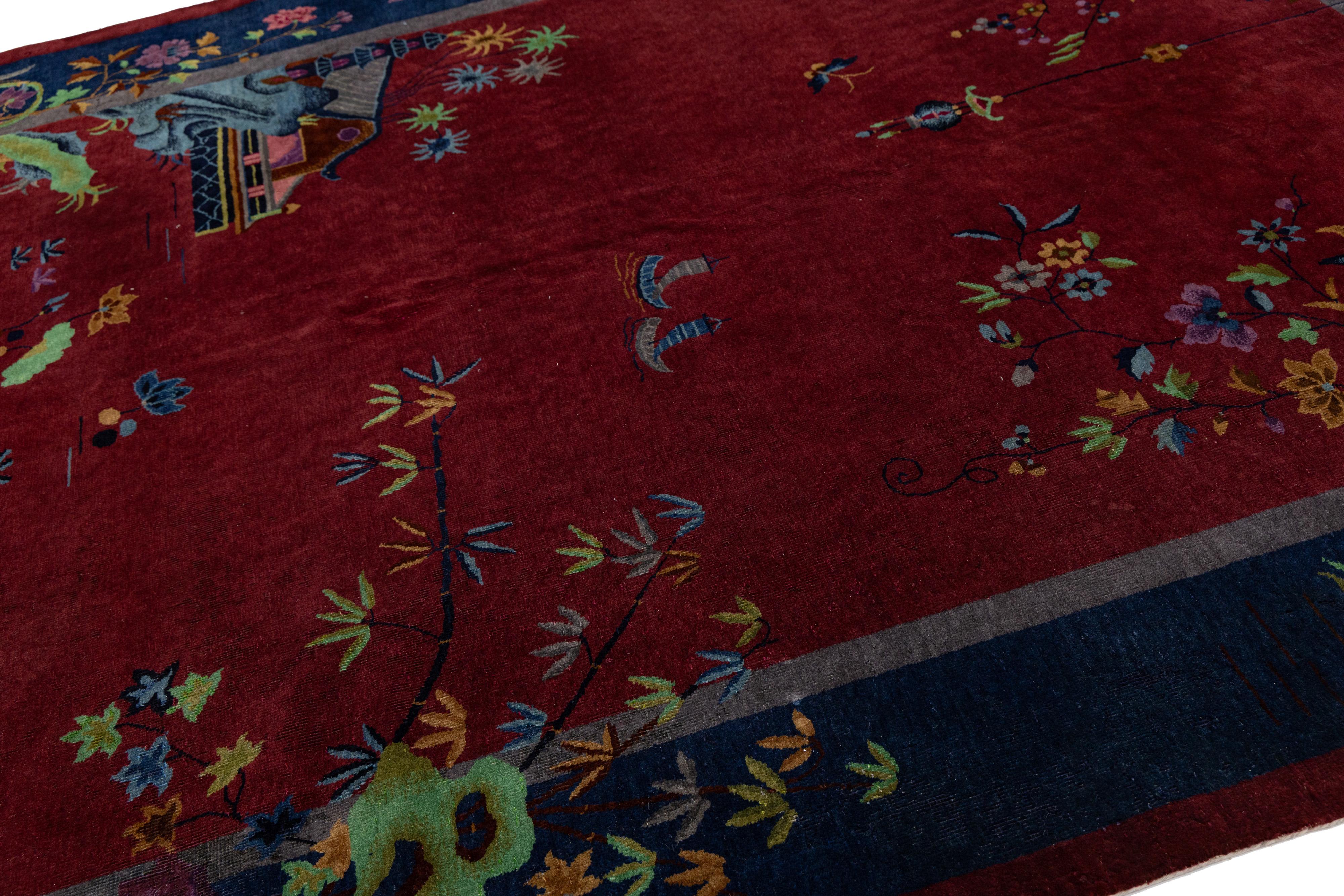 8 x 10 Tapis ancien en laine de style Art déco chinois fait à la main en rouge avec design traditionnel Bon état - En vente à Norwalk, CT