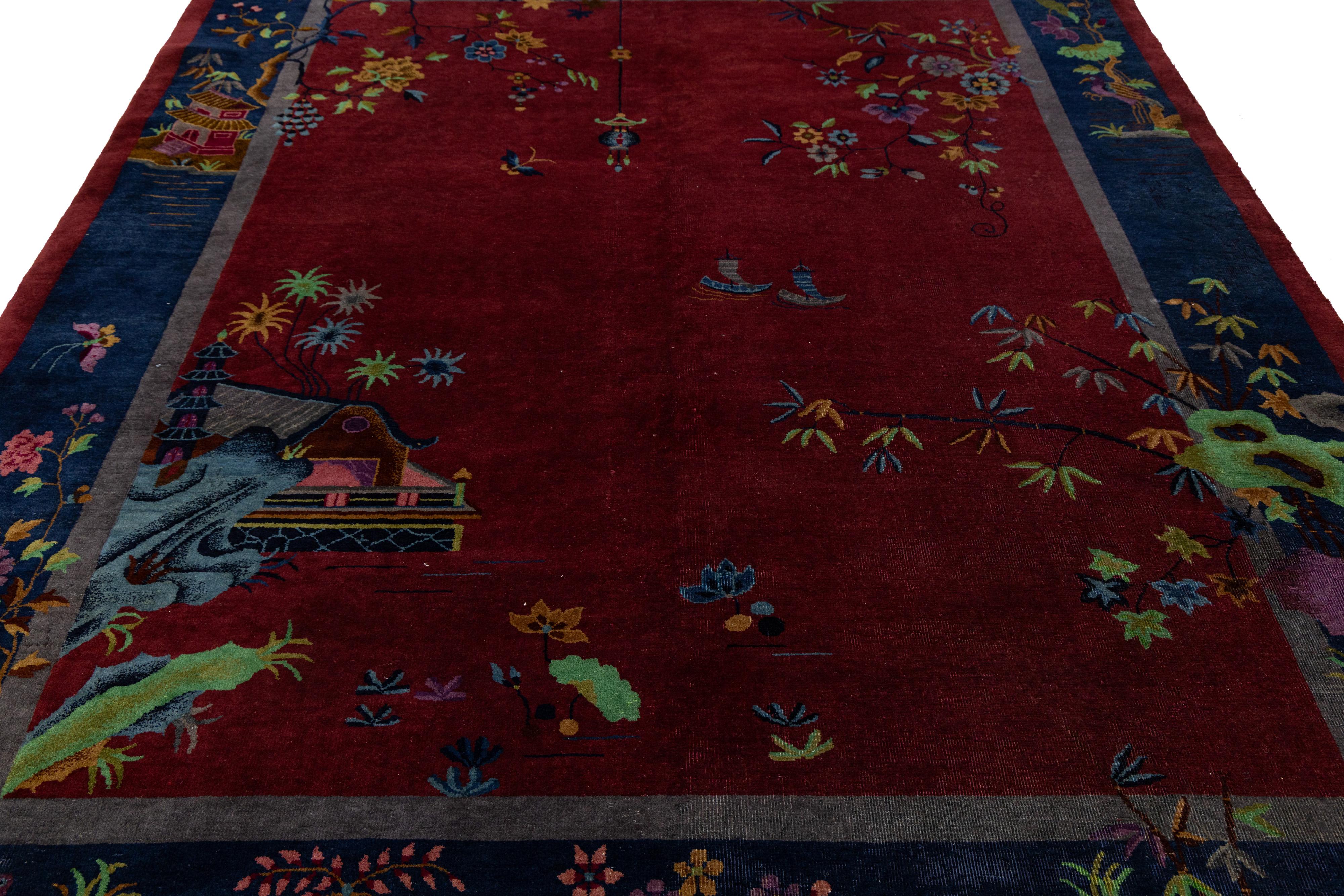 Laine 8 x 10 Tapis ancien en laine de style Art déco chinois fait à la main en rouge avec design traditionnel en vente