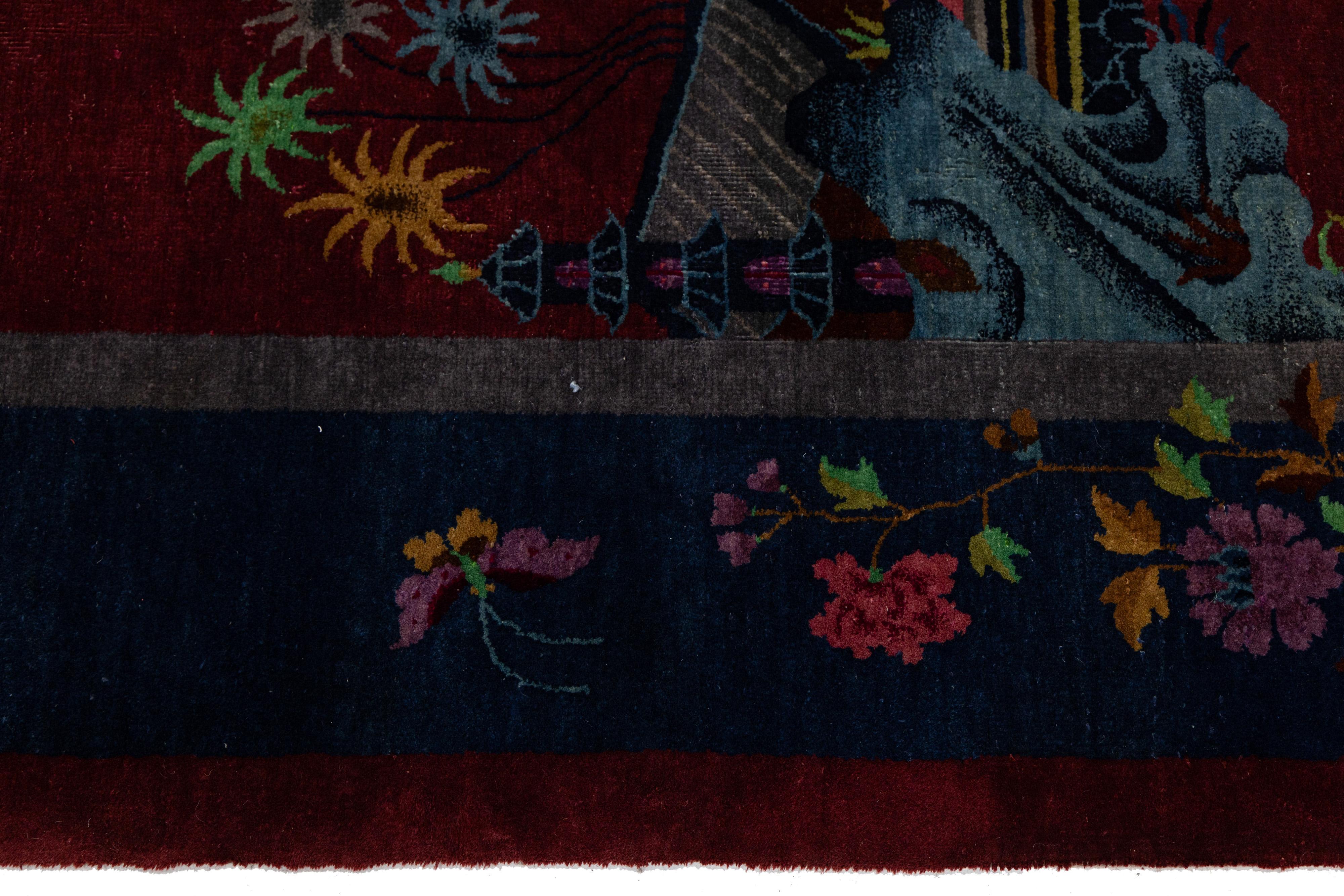 8 x 10 Tapis ancien en laine de style Art déco chinois fait à la main en rouge avec design traditionnel en vente 2