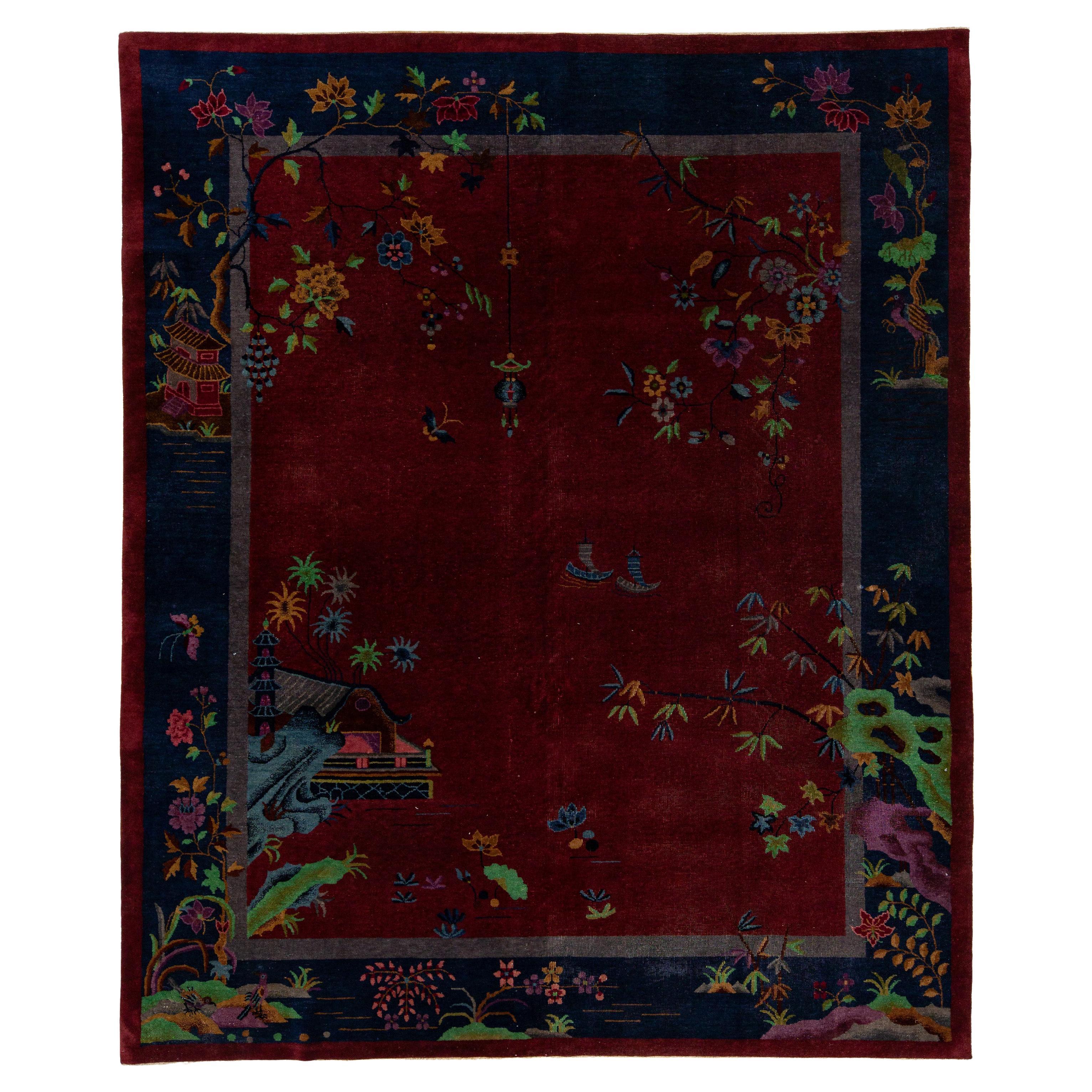 8 x 10 Tapis ancien en laine de style Art déco chinois fait à la main en rouge avec design traditionnel en vente
