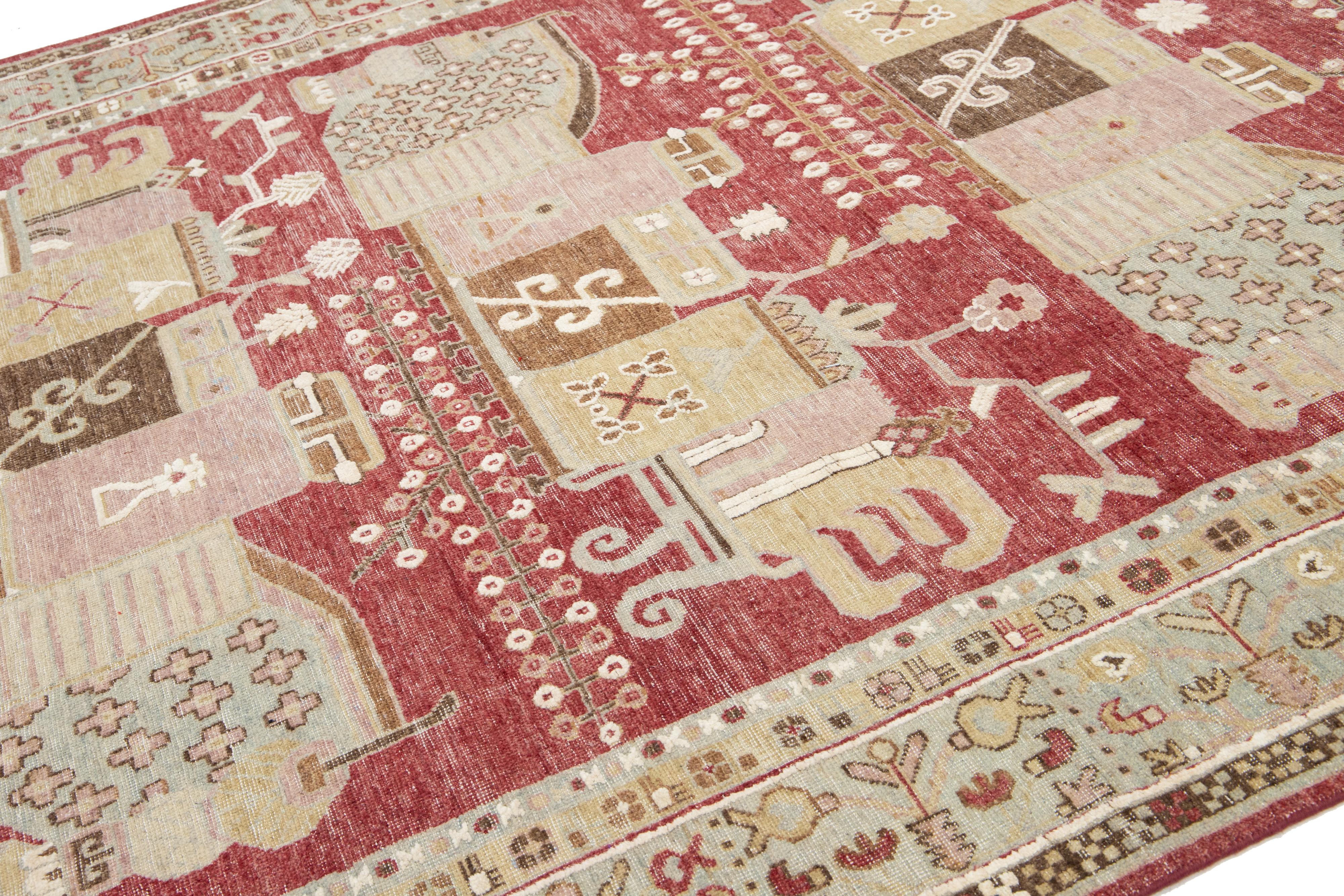Indiano 8 x 10 Tappeto di lana indiano fatto a mano in stile Samarcanda moderno di Apadana, rosso in vendita
