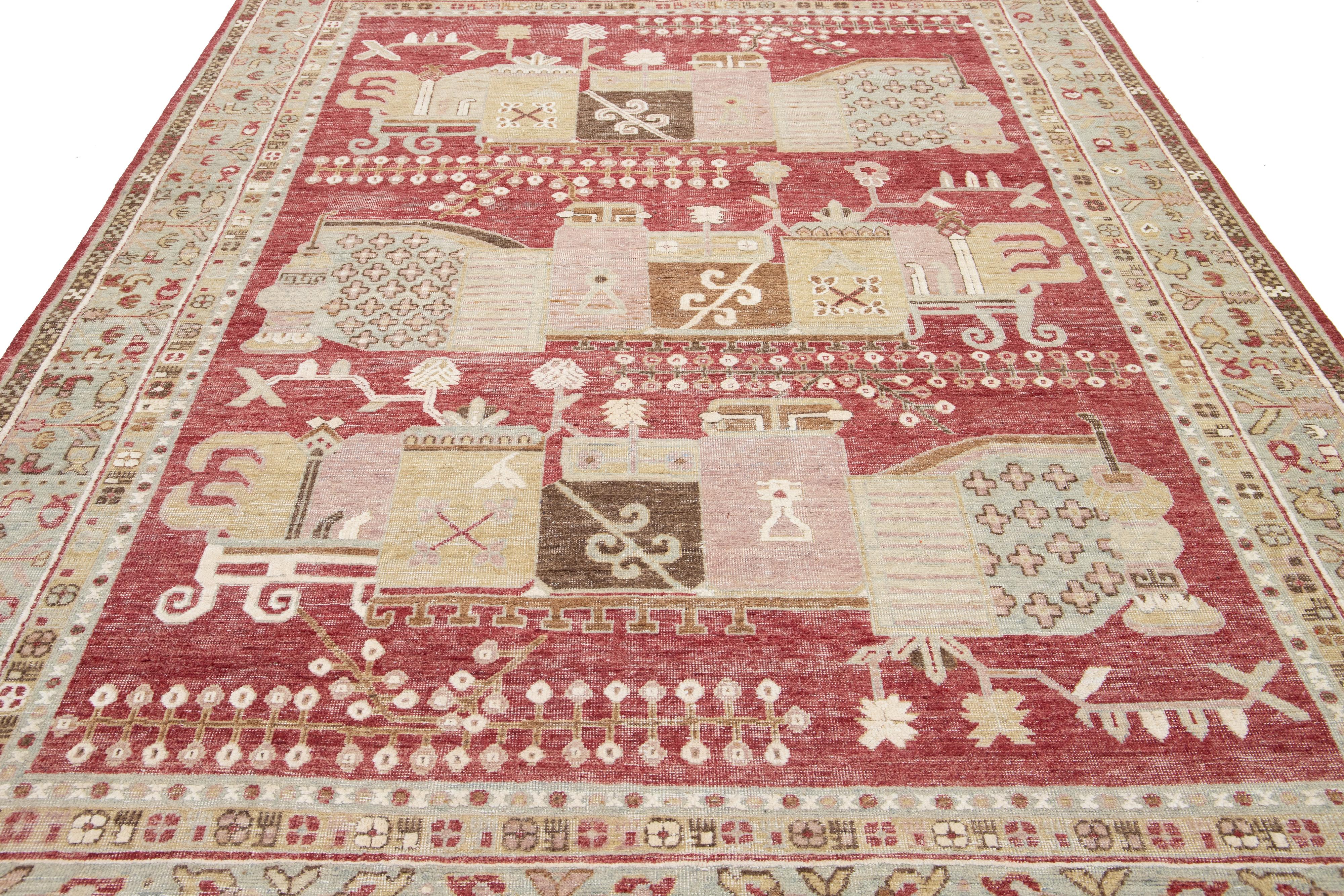 8 x 10 Tappeto di lana indiano fatto a mano in stile Samarcanda moderno di Apadana, rosso in vendita 1