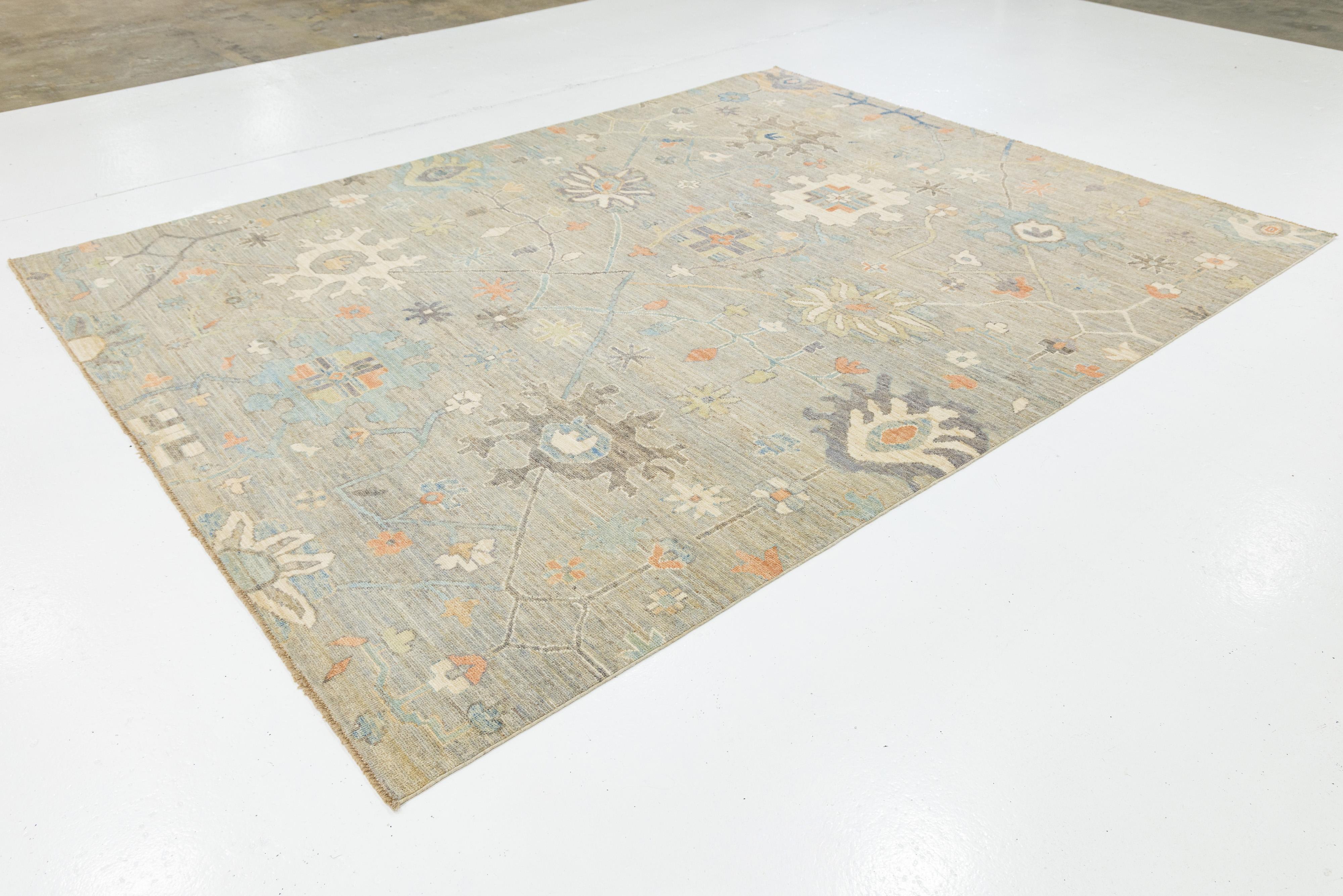 Hand-Knotted 8 x 10 Beige Modern Oushak Style Wool Rug with Soft Botanical Motifs For Sale