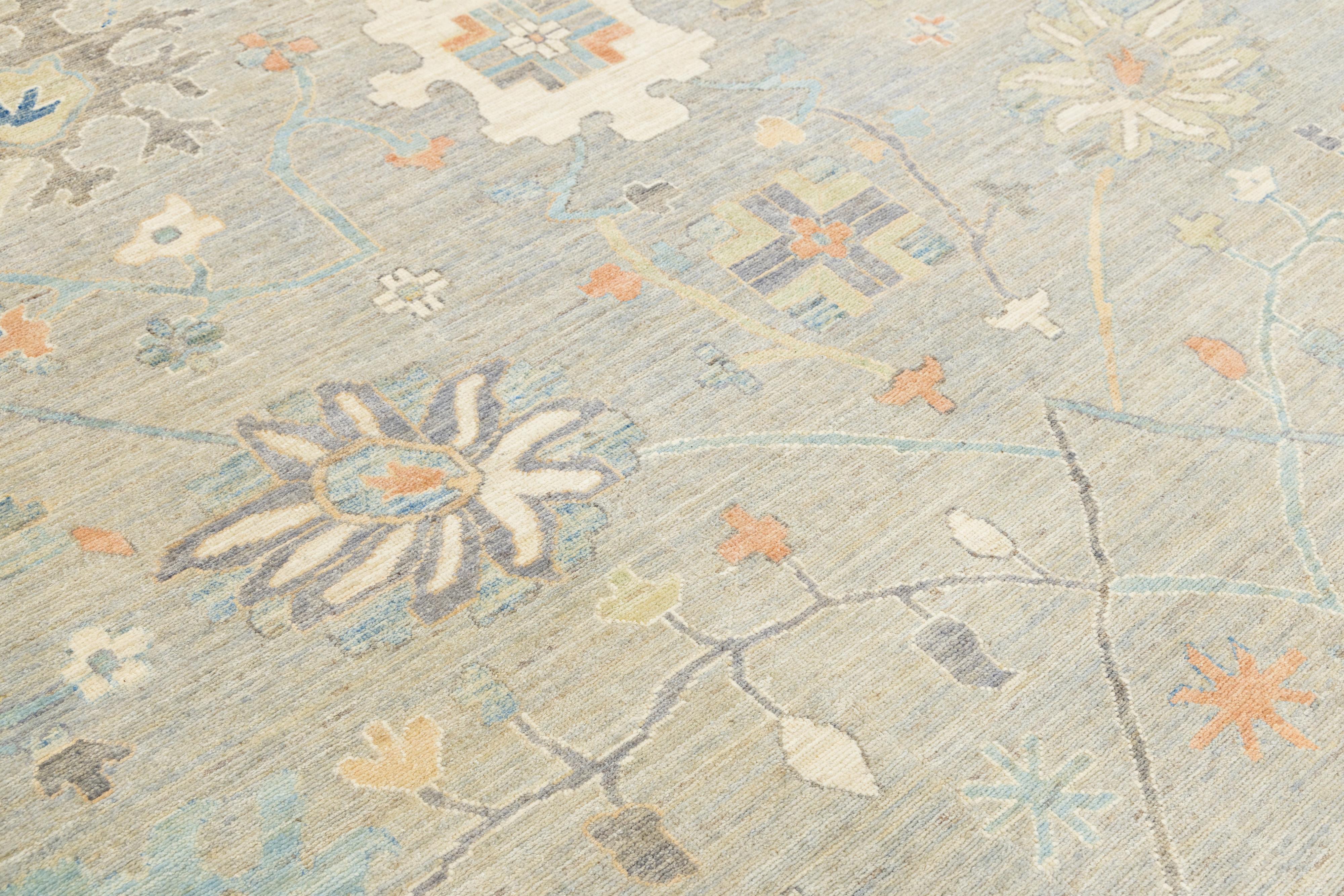 Contemporary 8 x 10 Beige Modern Oushak Style Wool Rug with Soft Botanical Motifs For Sale