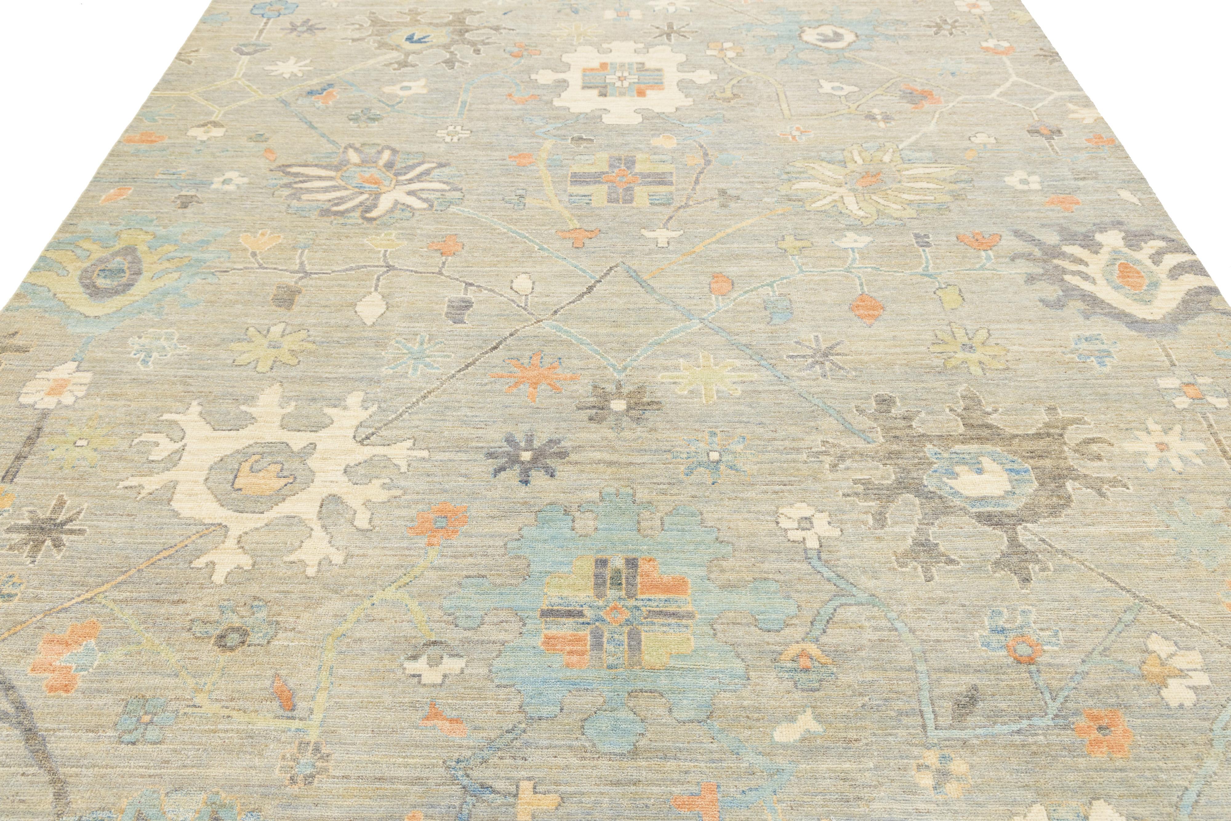 8 x 10 Beige Modern Oushak Style Wool Rug with Soft Botanical Motifs For Sale 1