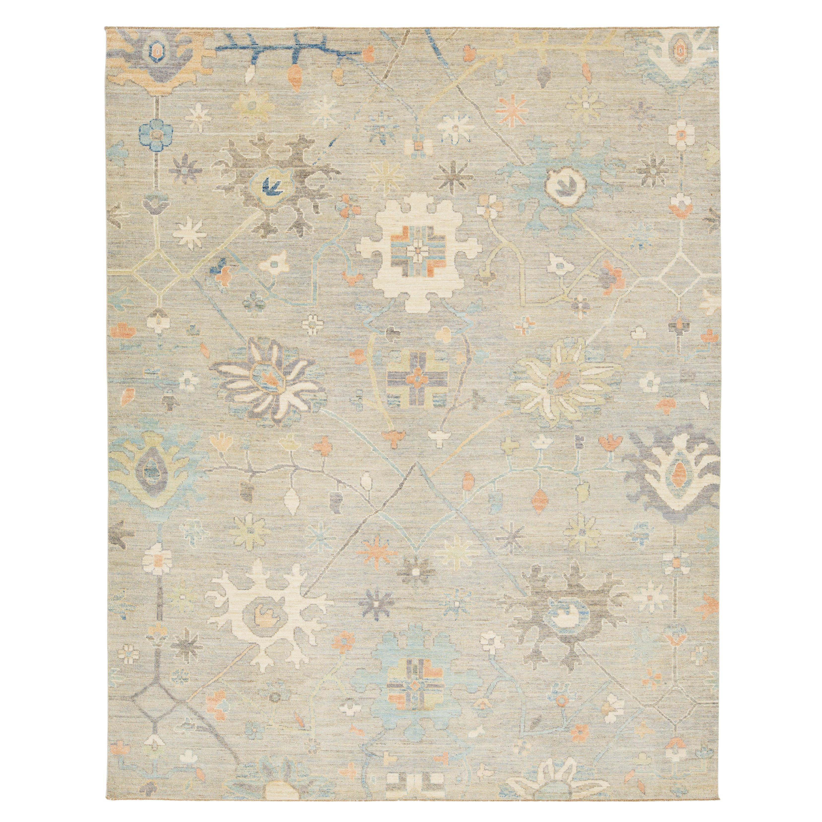 8 x 10 Beige Modern Oushak Style Wool Rug with Soft Botanical Motifs For Sale