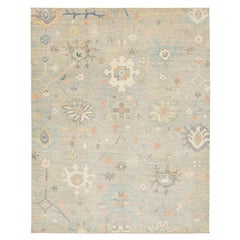8 x 10 Beige Modern Oushak Style Wool Rug with Soft Botanical Motifs 8 x 10 Beige Modern Oushak Style Wool Rug with Soft Botanical Motifs