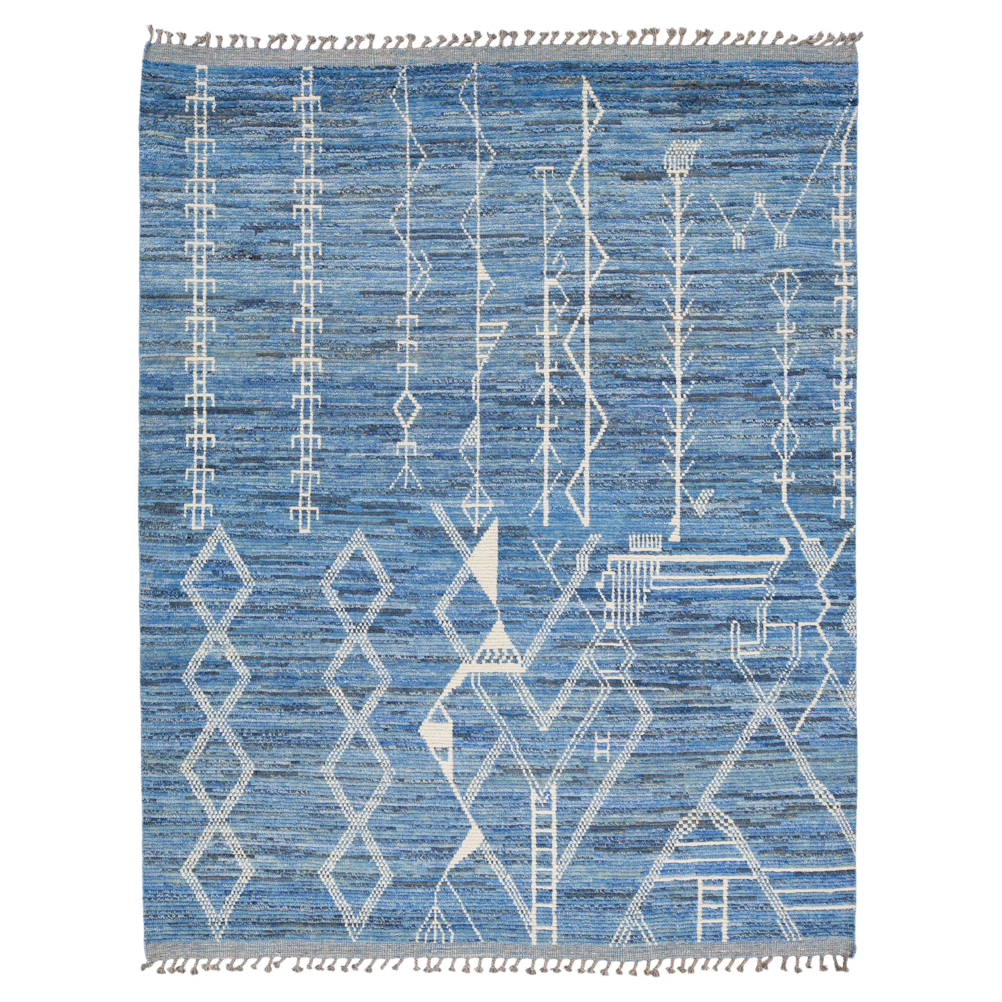 8 x 10 Contemporary Moroccan Style Wool Rug In Blue With Grometric Motifs