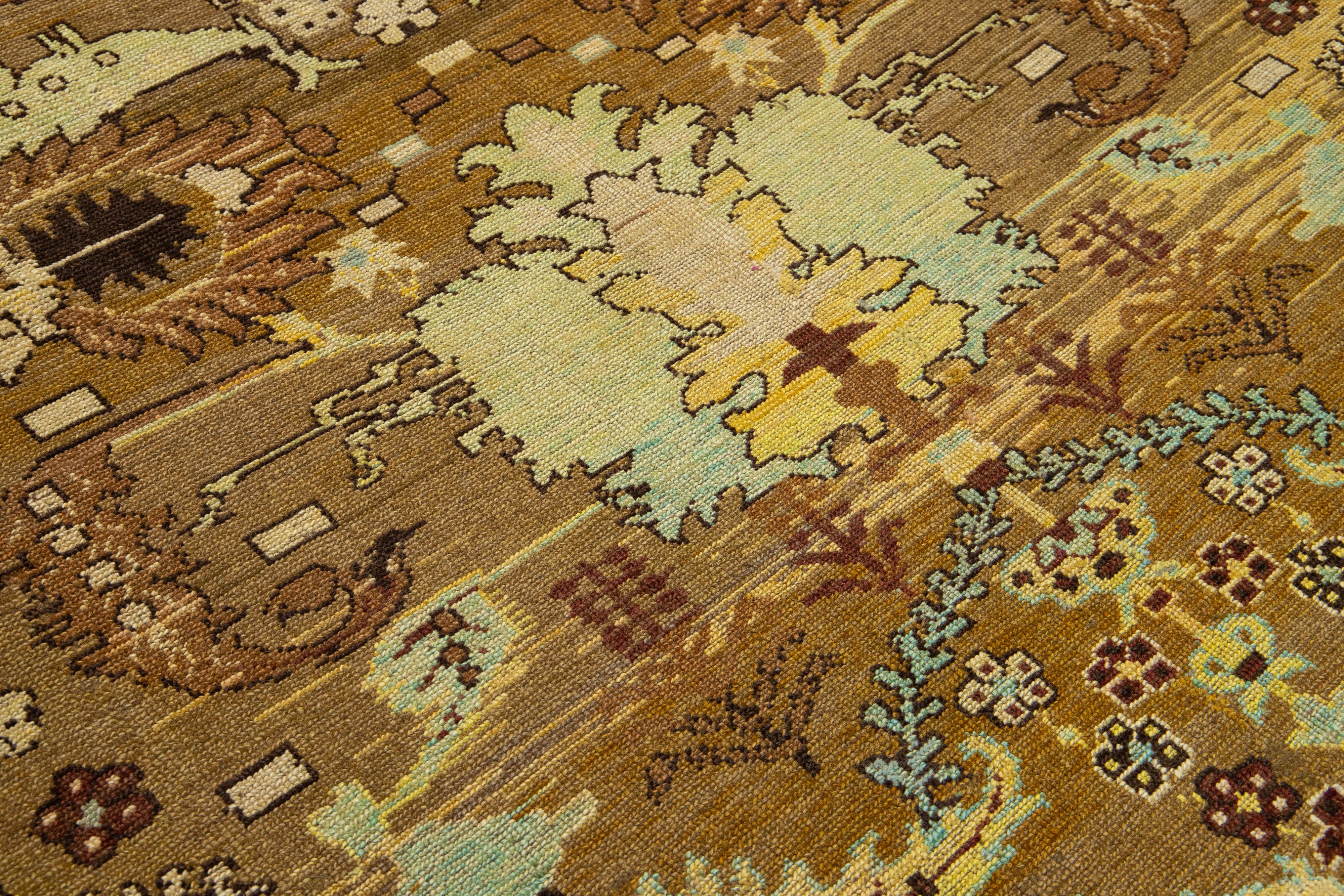 8 x 10 Floral Designed Modern Revival Wool Rug Handmade In Brown For Sale 3