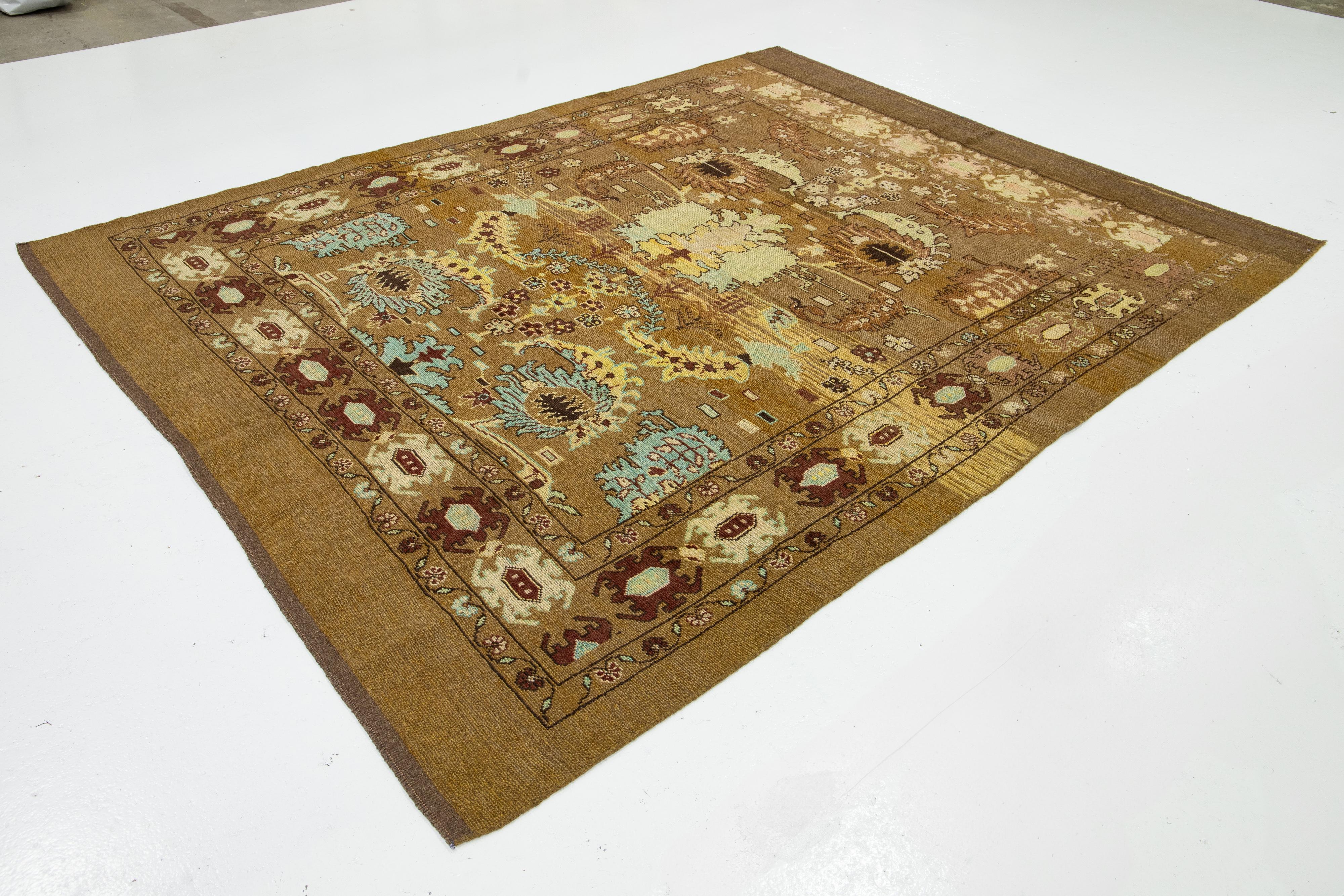 Regency Revival 8 x 10 Floral Designed Modern Revival Wool Rug Handmade In Brown For Sale