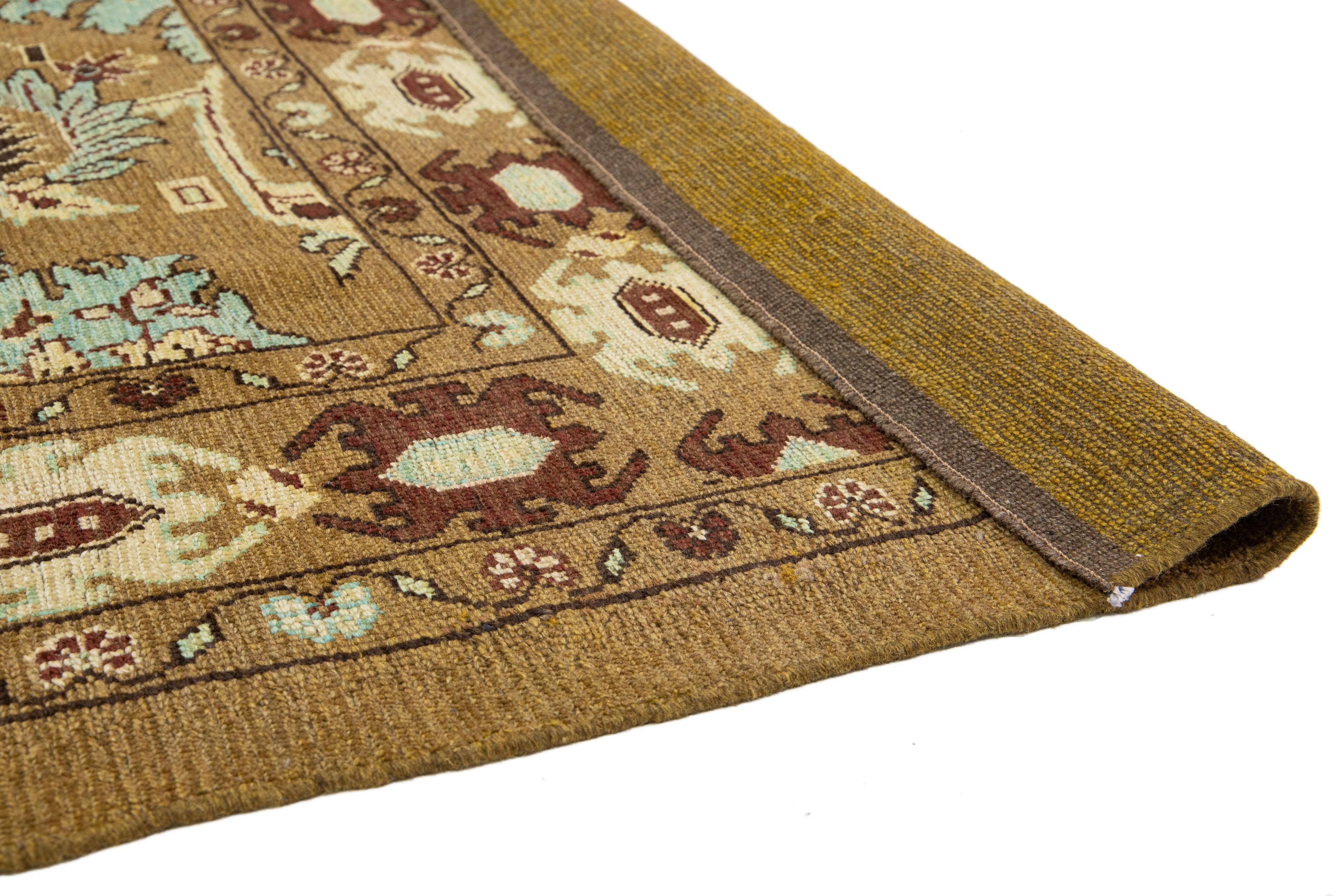 Afghan 8 x 10 Floral Designed Modern Revival Wool Rug Handmade In Brown For Sale