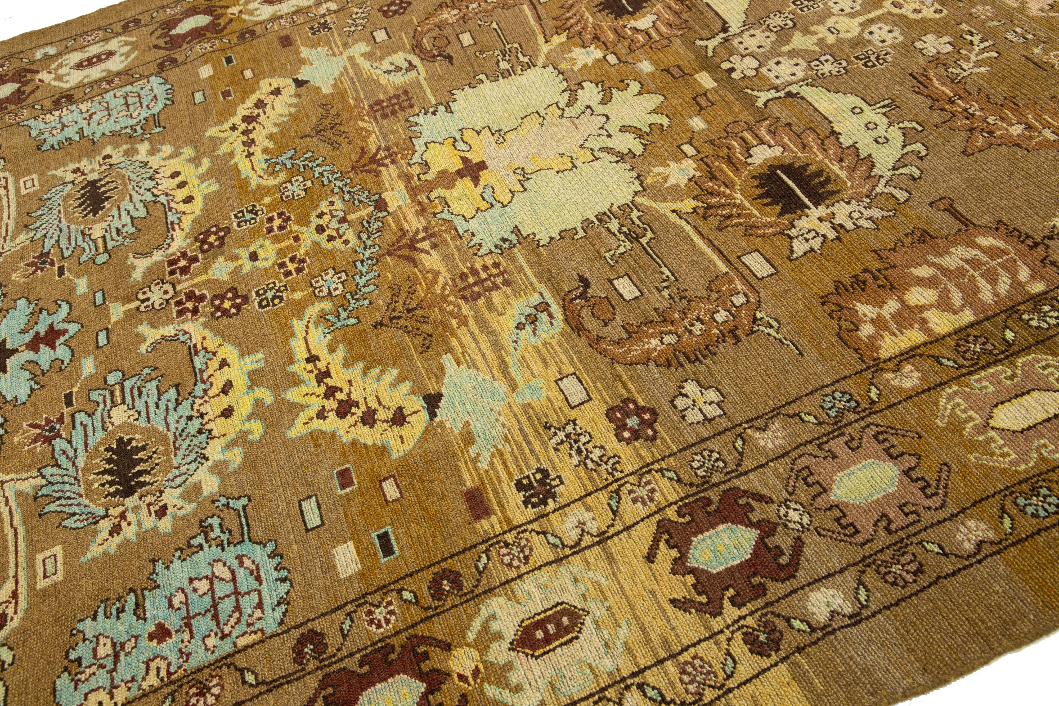 Hand-Knotted 8 x 10 Floral Designed Modern Revival Wool Rug Handmade In Brown For Sale