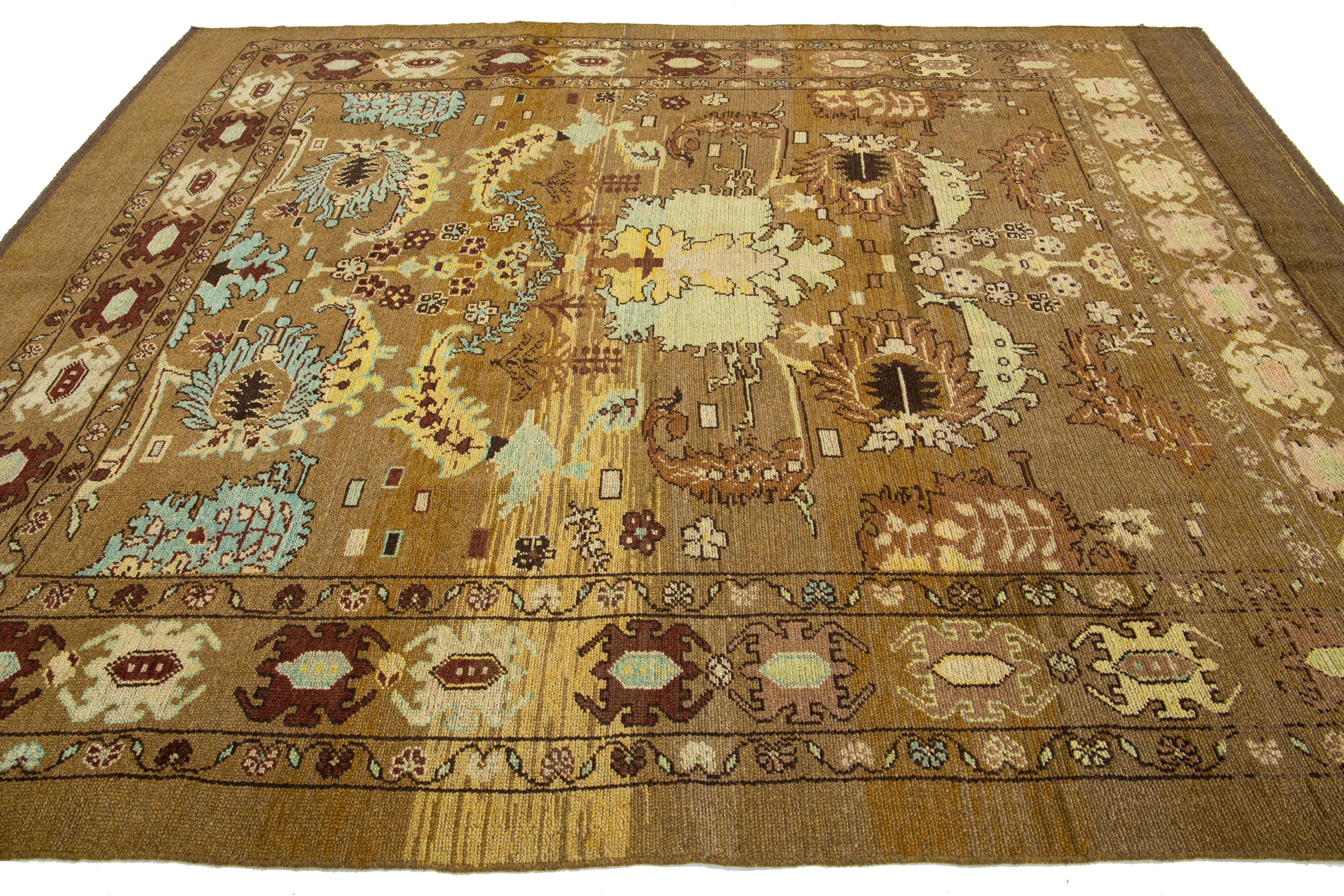 8 x 10 Floral Designed Modern Revival Wool Rug Handmade In Brown In New Condition For Sale In Norwalk, CT