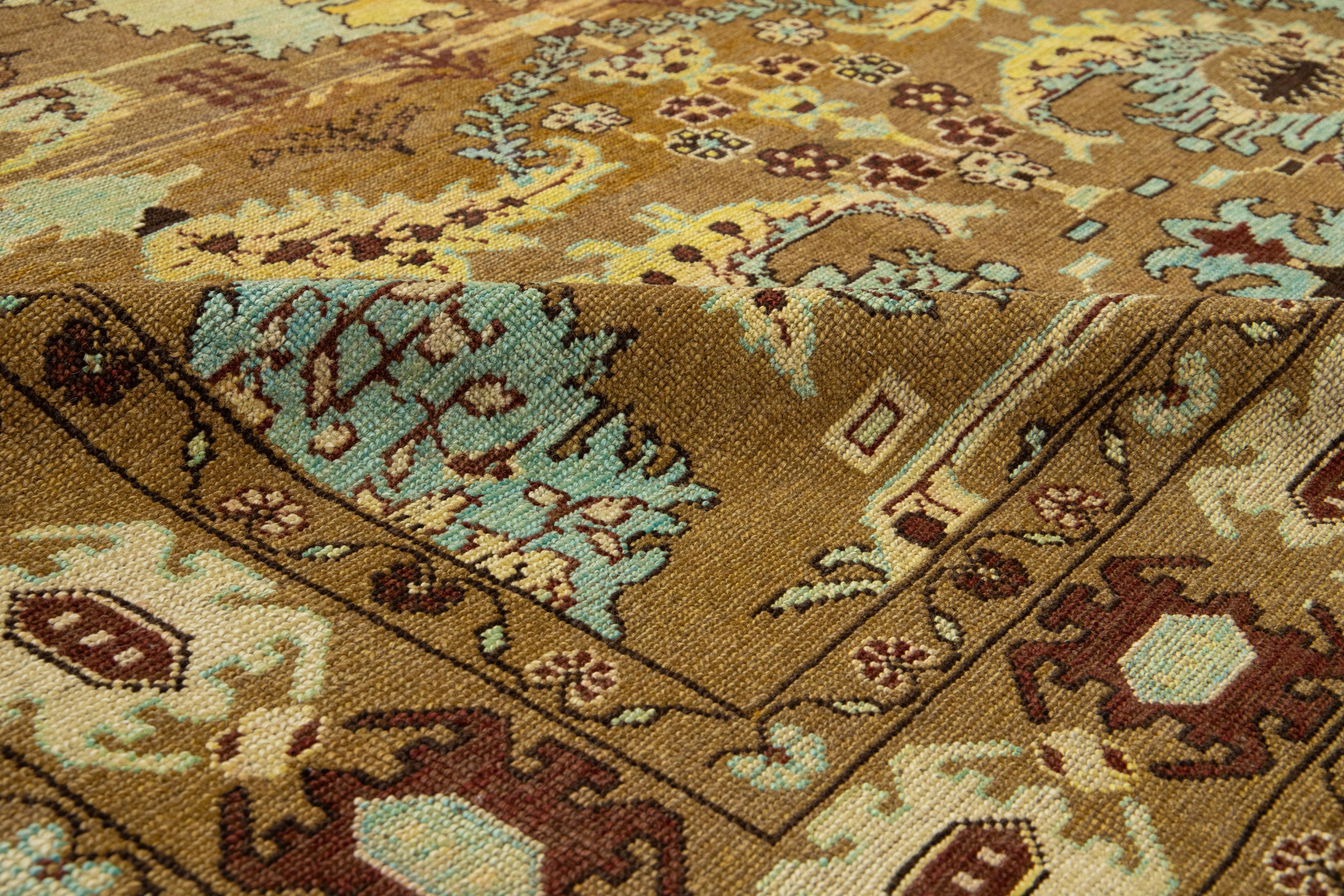 Contemporary 8 x 10 Floral Designed Modern Revival Wool Rug Handmade In Brown For Sale