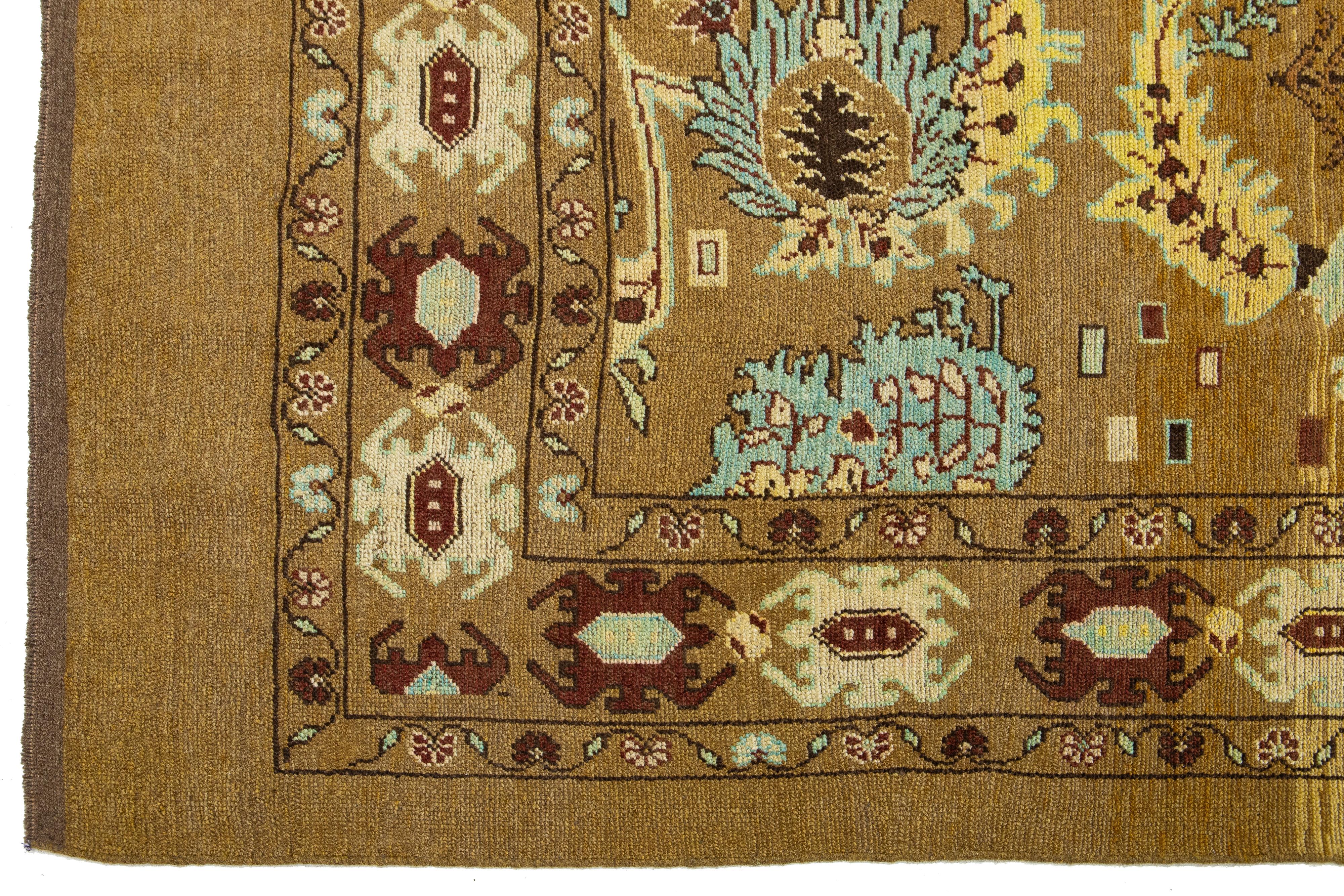 8 x 10 Floral Designed Modern Revival Wool Rug Handmade In Brown For Sale 1
