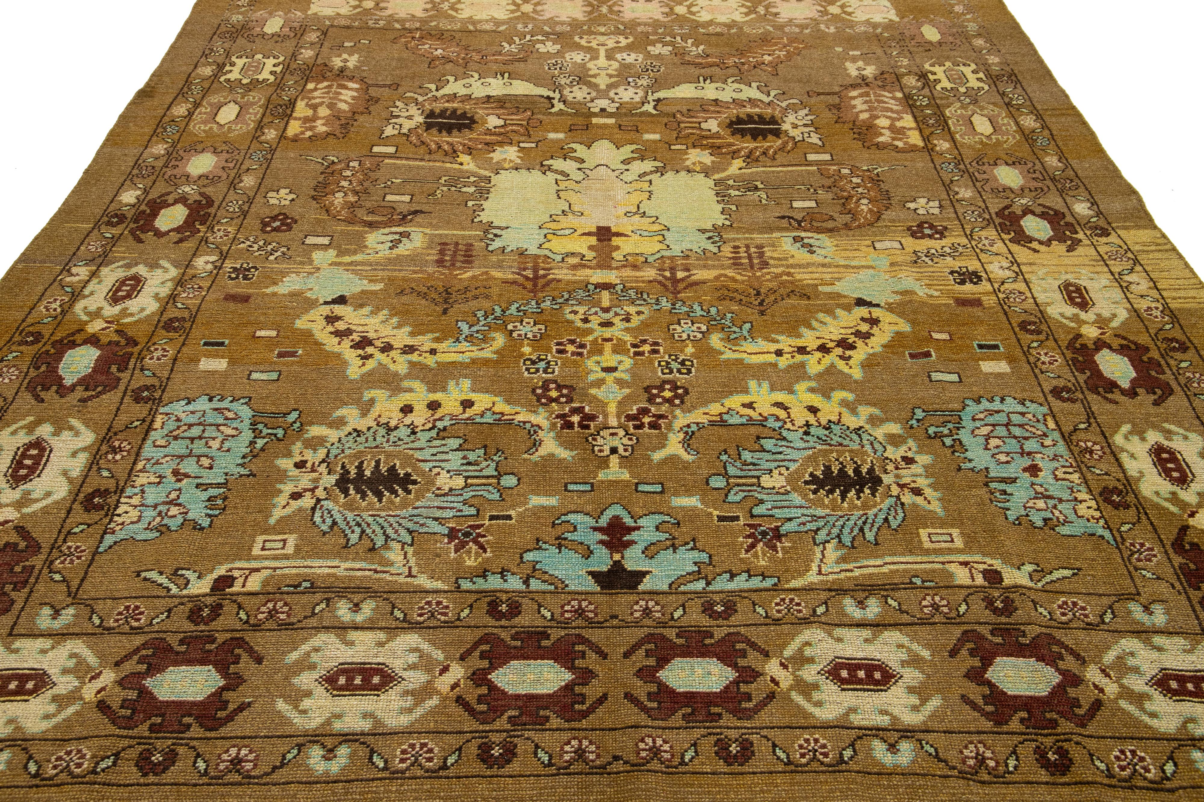 8 x 10 Floral Designed Modern Revival Wool Rug Handmade In Brown For Sale 2