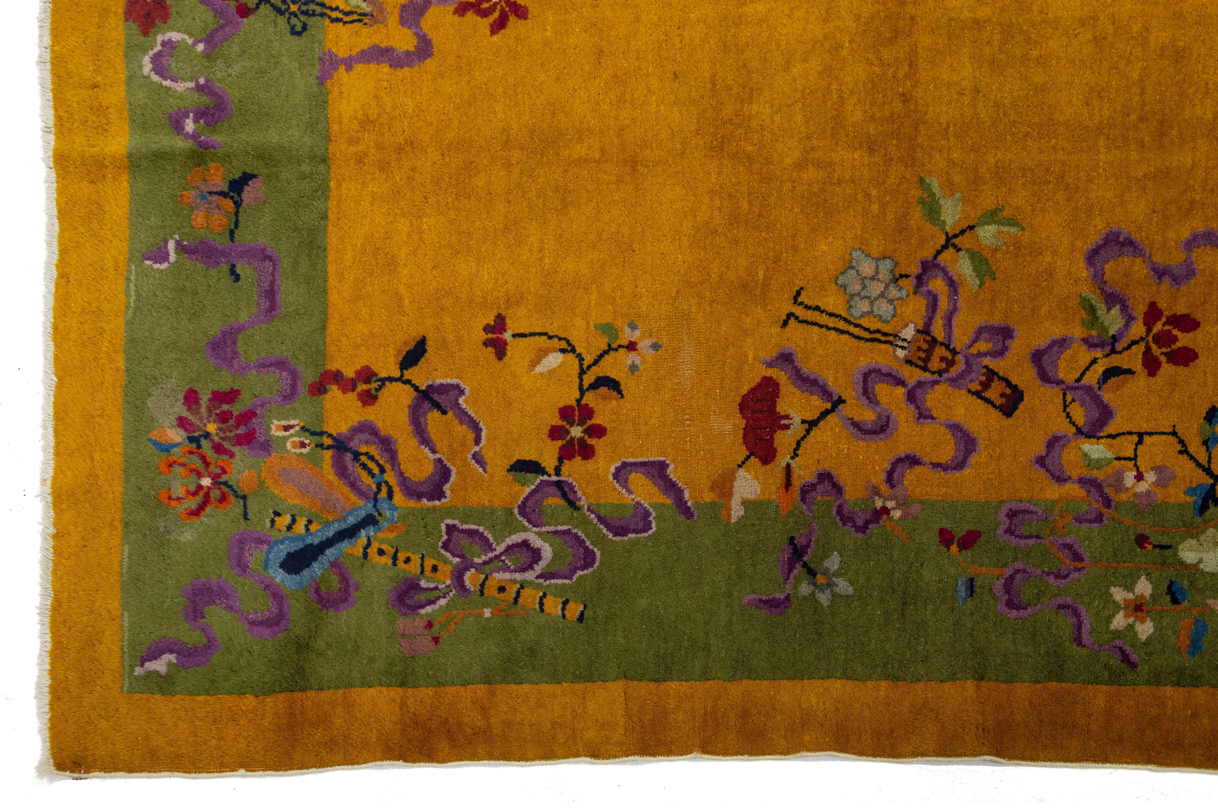8 x 10  Vara de Oro Antigua China Art Decó  Alfombra de lana hecha a mano siglo XX
