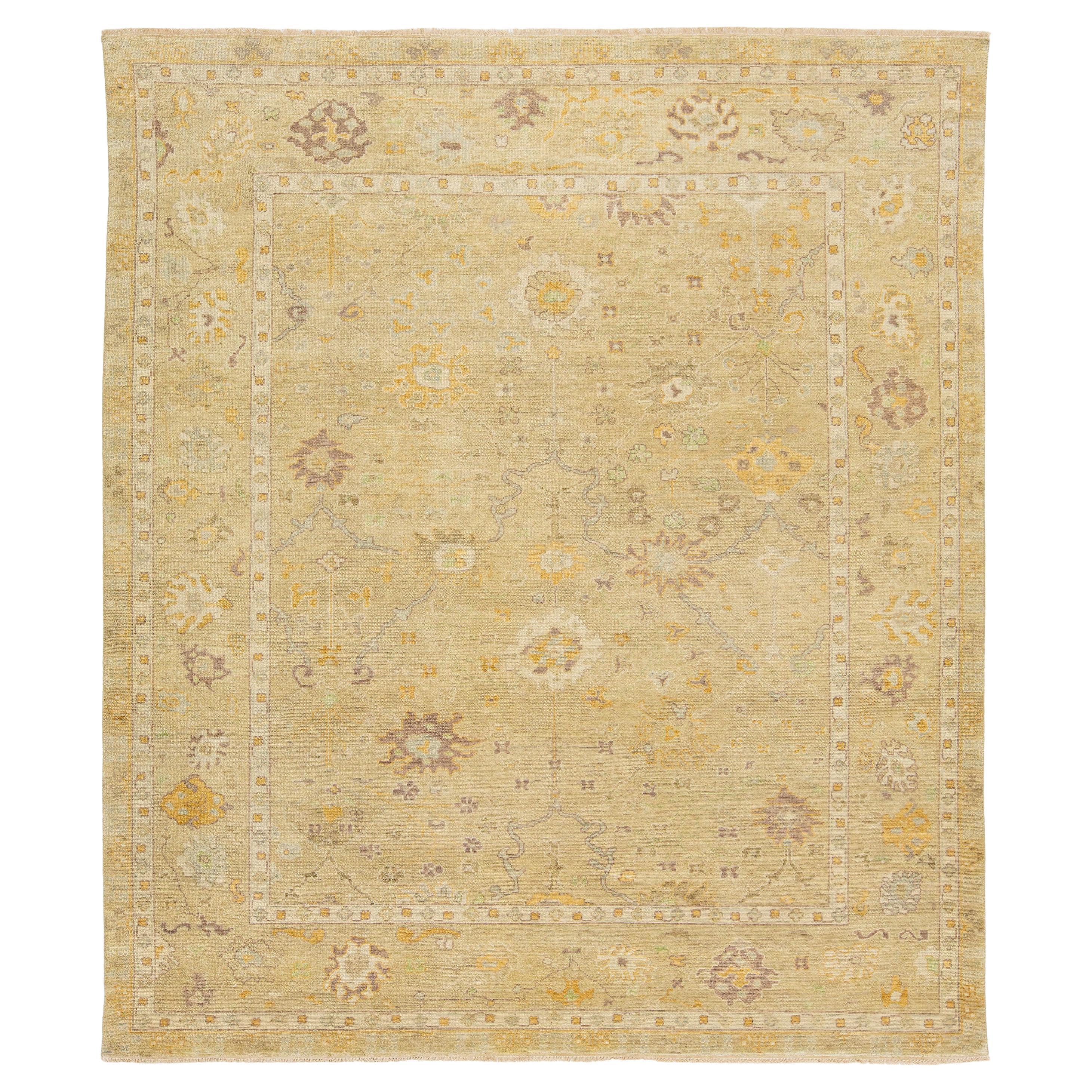 8 X 10 Tappeto di lana in stile Oushak floreale fatto a mano in stile Tan
