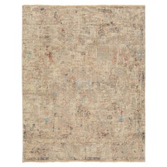8 x 10 Modern Abstract Distressed Wool Area Rug – Muted Beige, Blue & Terracotta