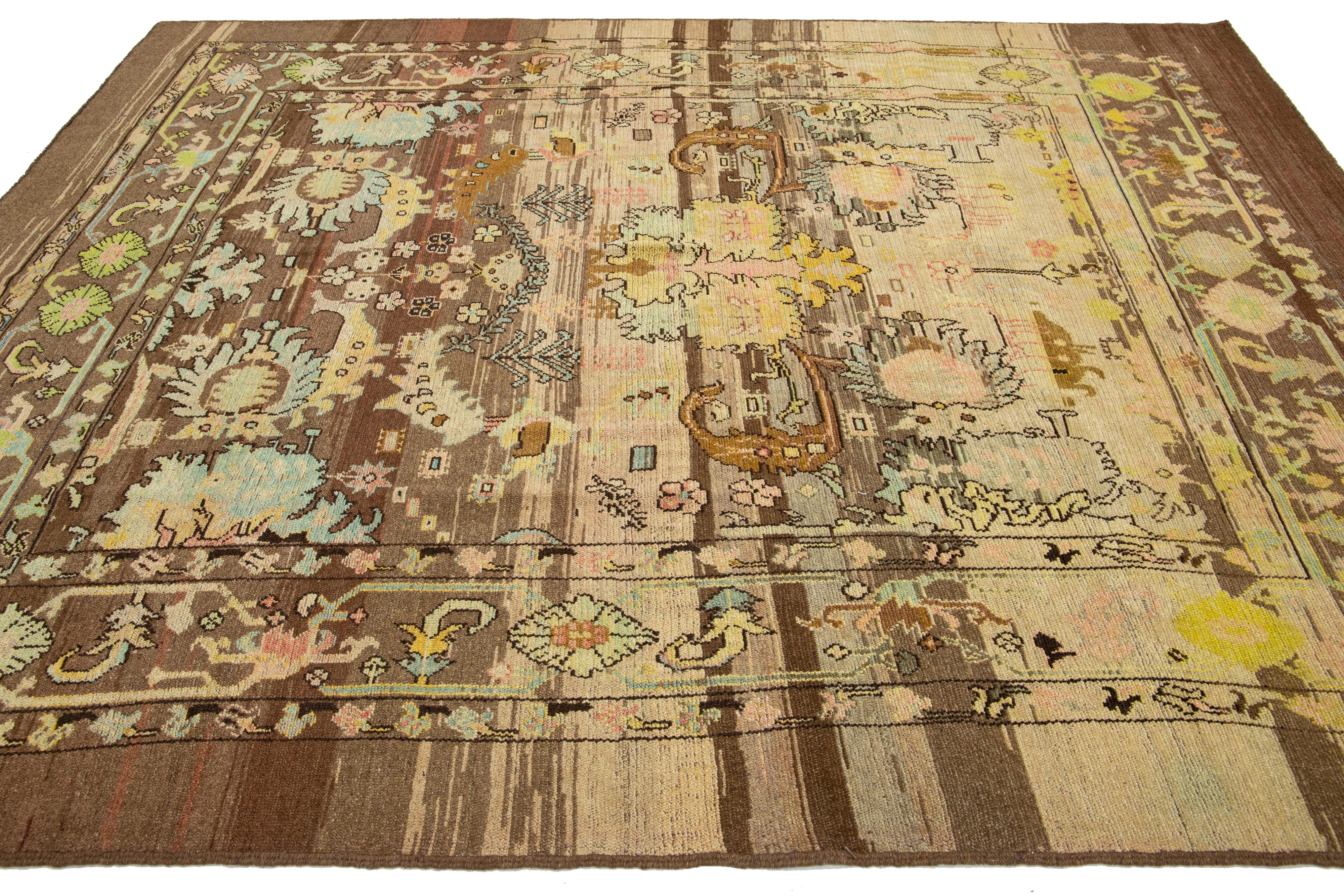 8 x 10 Modern Revival Handmade Brown Wool Rug With Floral Pattern For Sale 3
