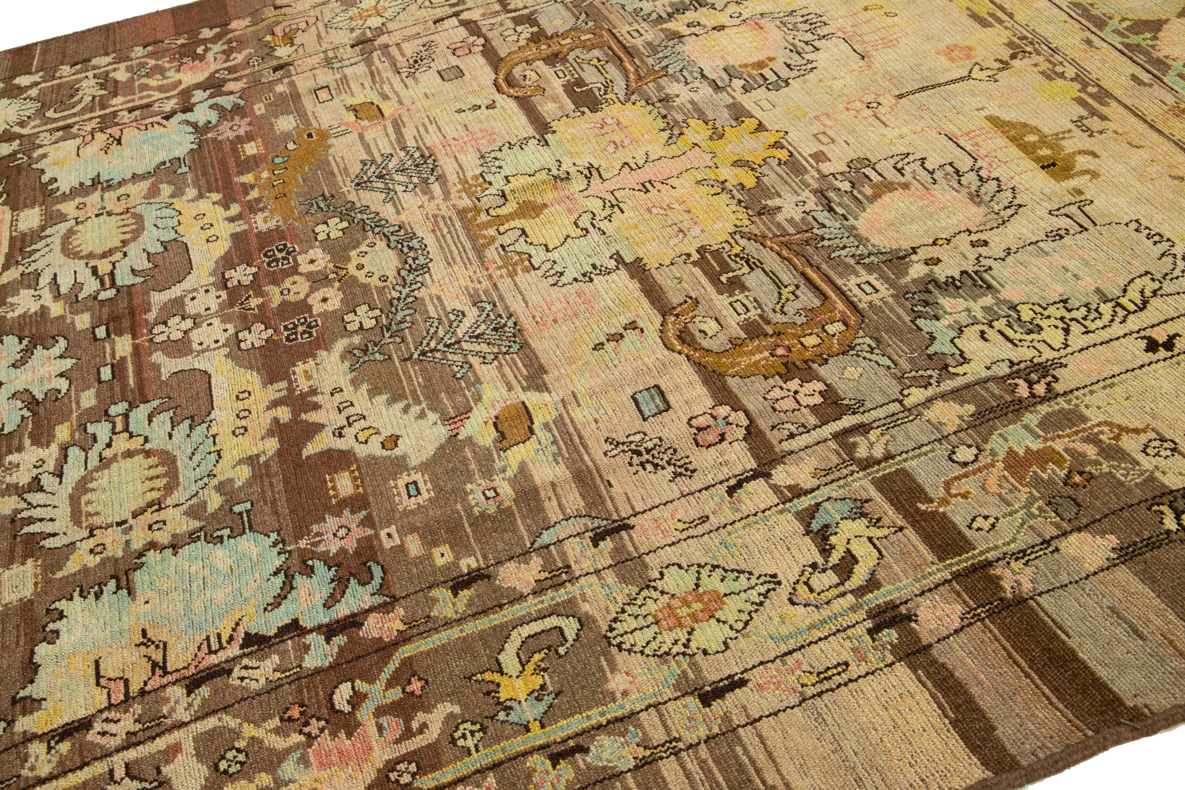 8 x 10 Modern Revival Handmade Brown Wool Rug With Floral Pattern For Sale 4