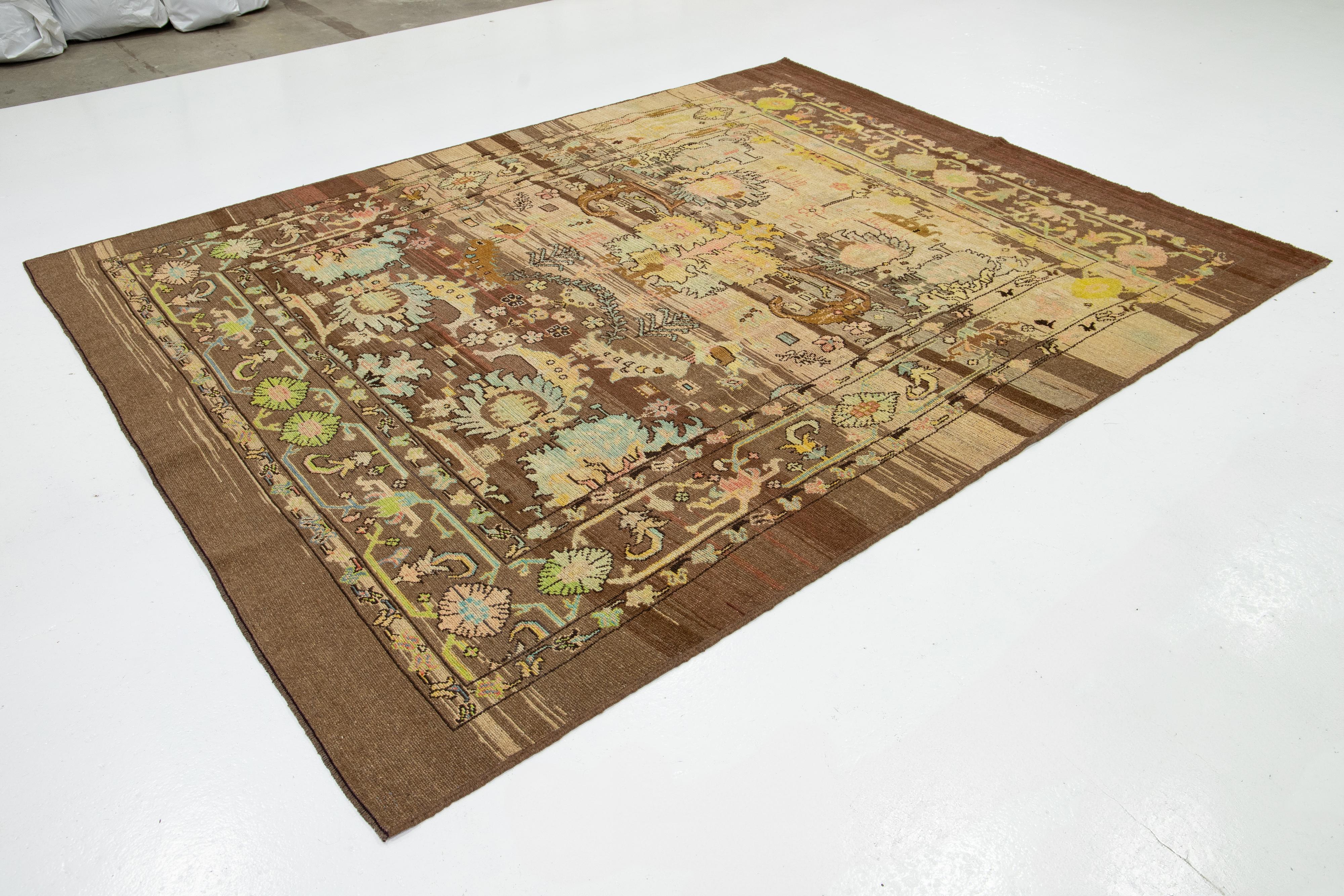Regency Revival 8 x 10 Modern Revival Handmade Brown Wool Rug With Floral Pattern For Sale