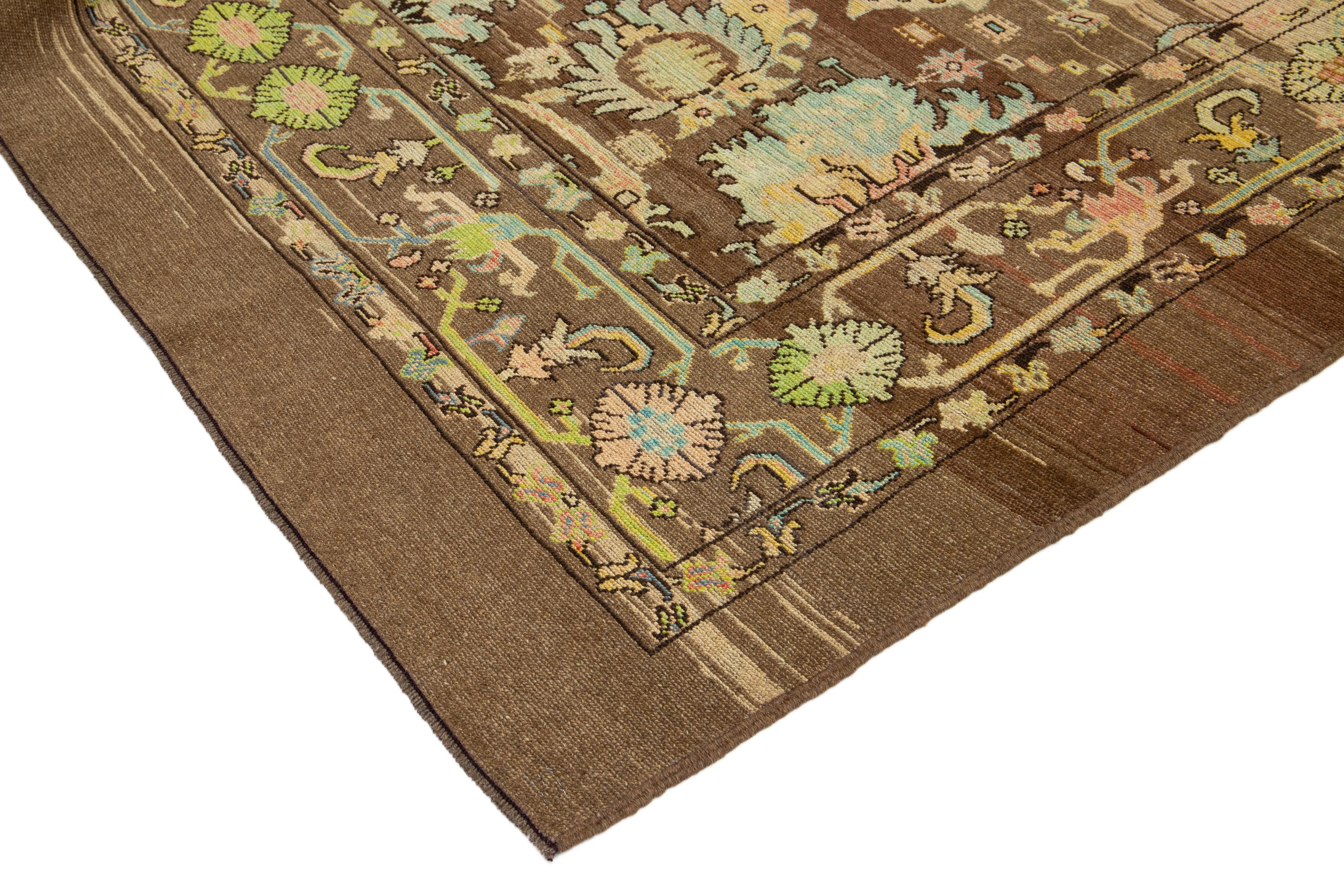 Afghan 8 x 10 Modern Revival Handmade Brown Wool Rug With Floral Pattern For Sale
