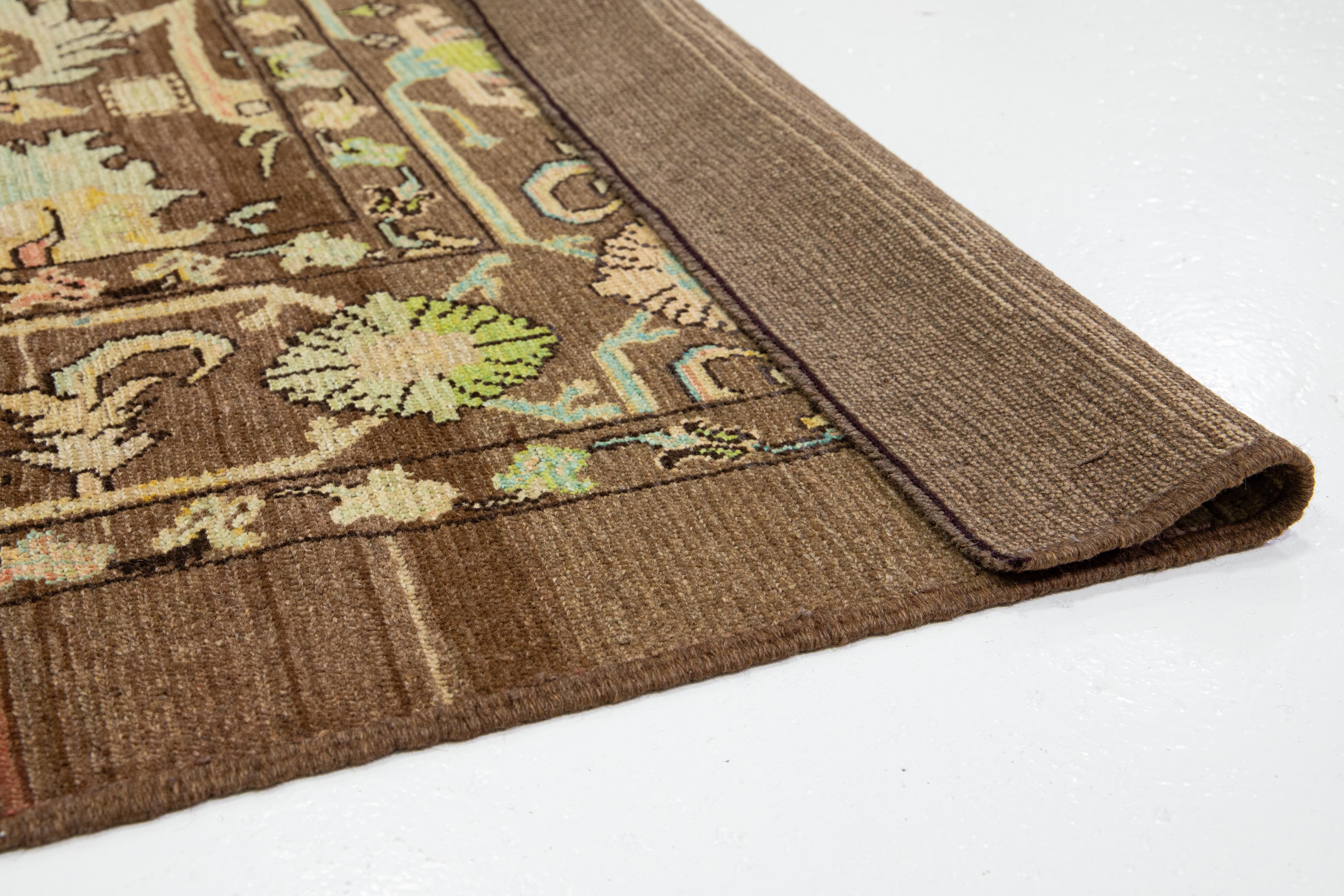 Hand-Knotted 8 x 10 Modern Revival Handmade Brown Wool Rug With Floral Pattern For Sale
