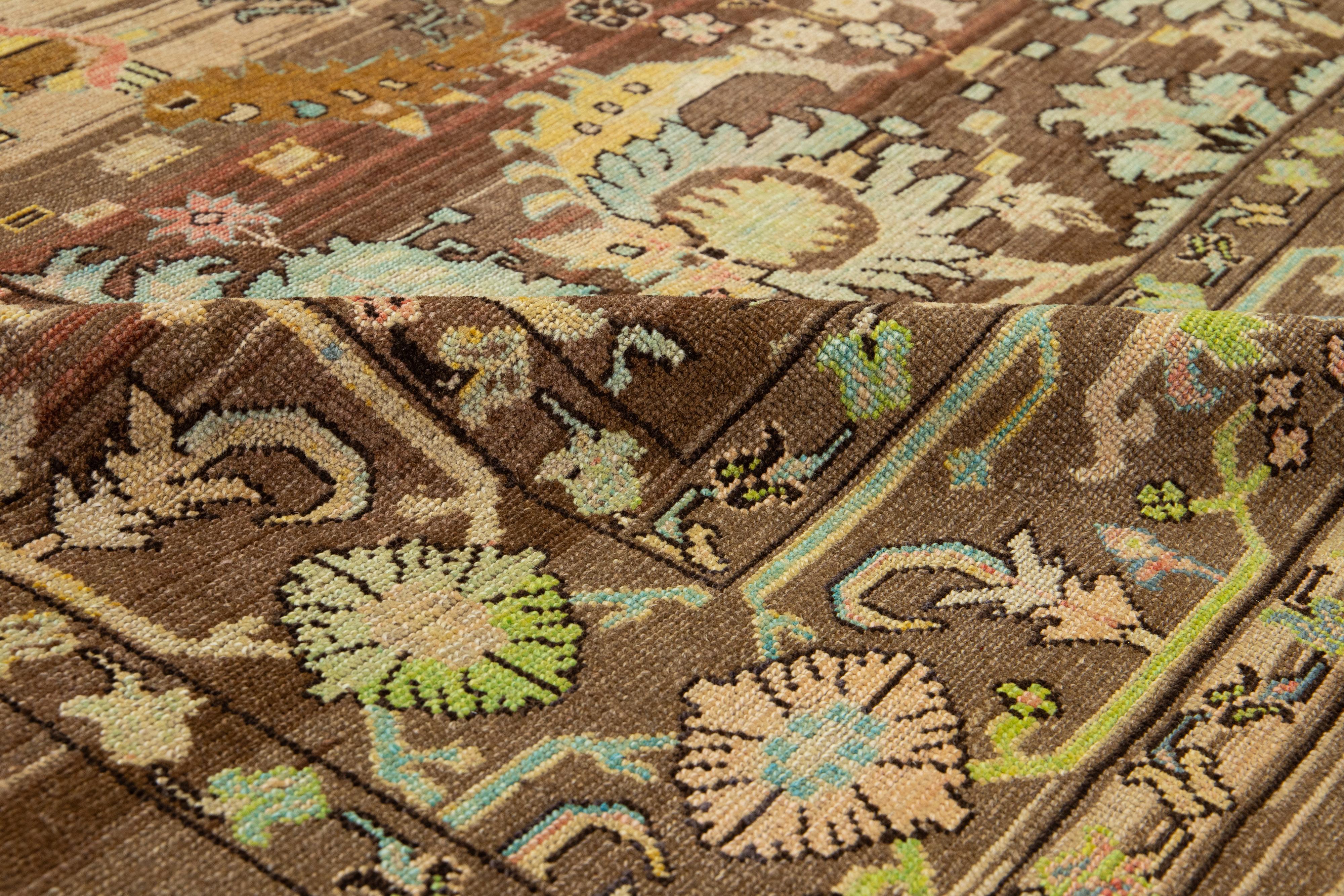 8 x 10 Modern Revival Handmade Brown Wool Rug With Floral Pattern In New Condition For Sale In Norwalk, CT