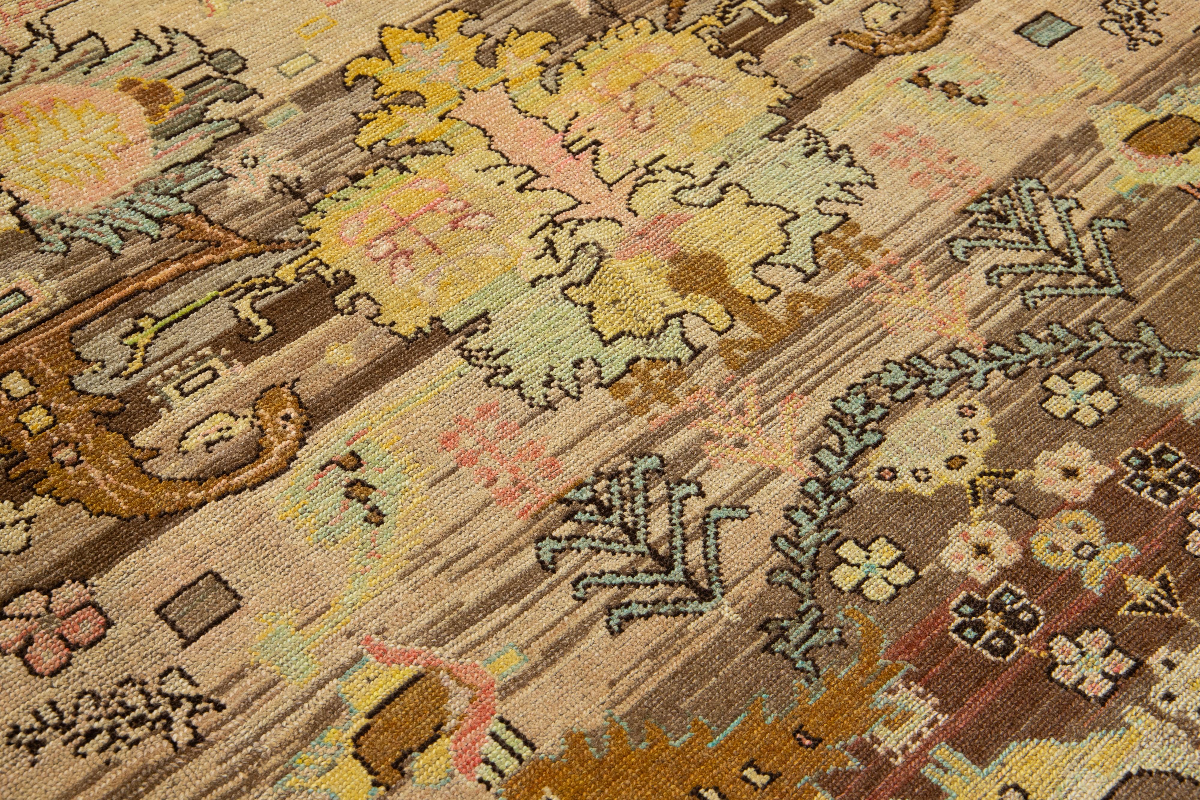 Contemporary 8 x 10 Modern Revival Handmade Brown Wool Rug With Floral Pattern For Sale
