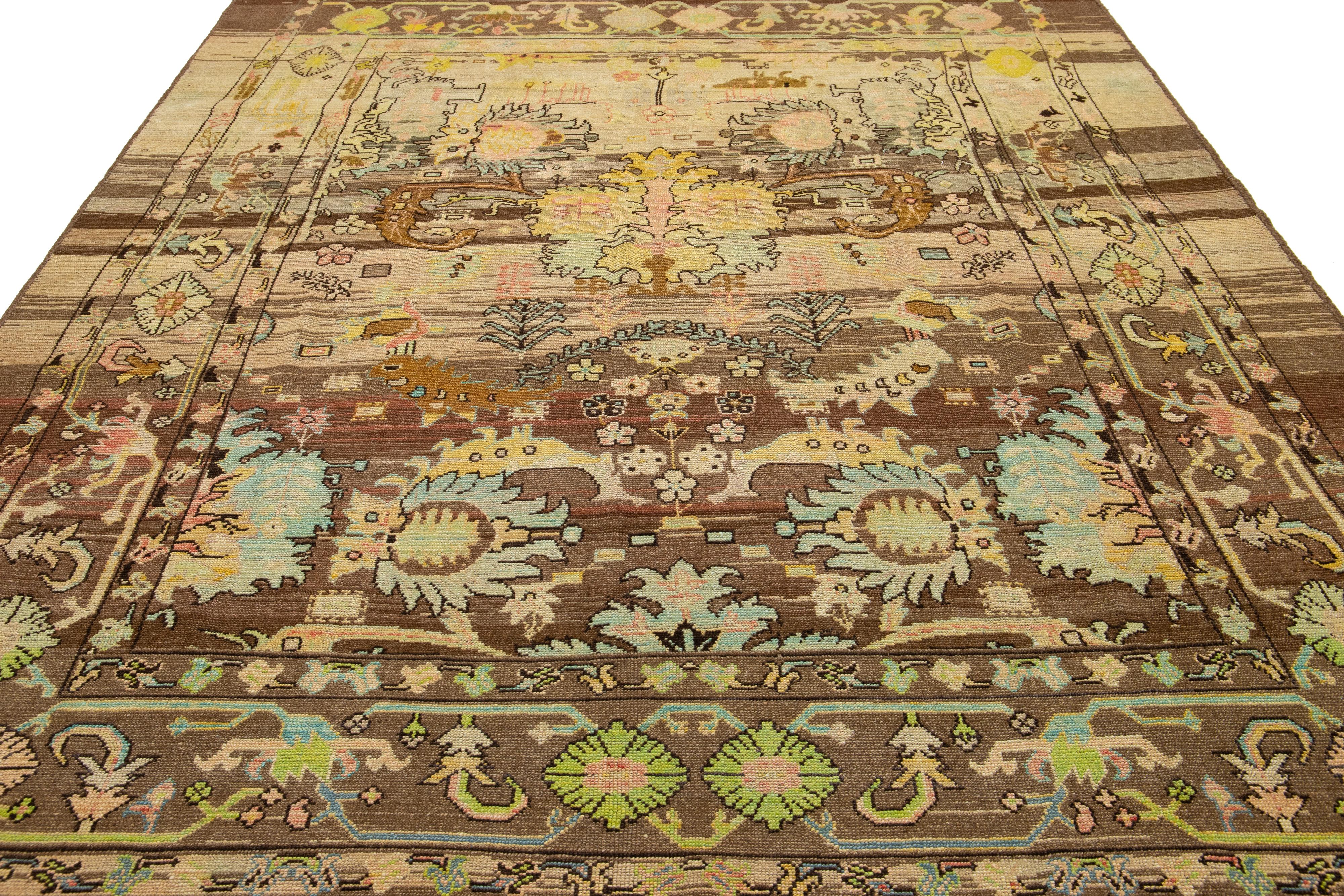 8 x 10 Modern Revival Handmade Brown Wool Rug With Floral Pattern For Sale 1