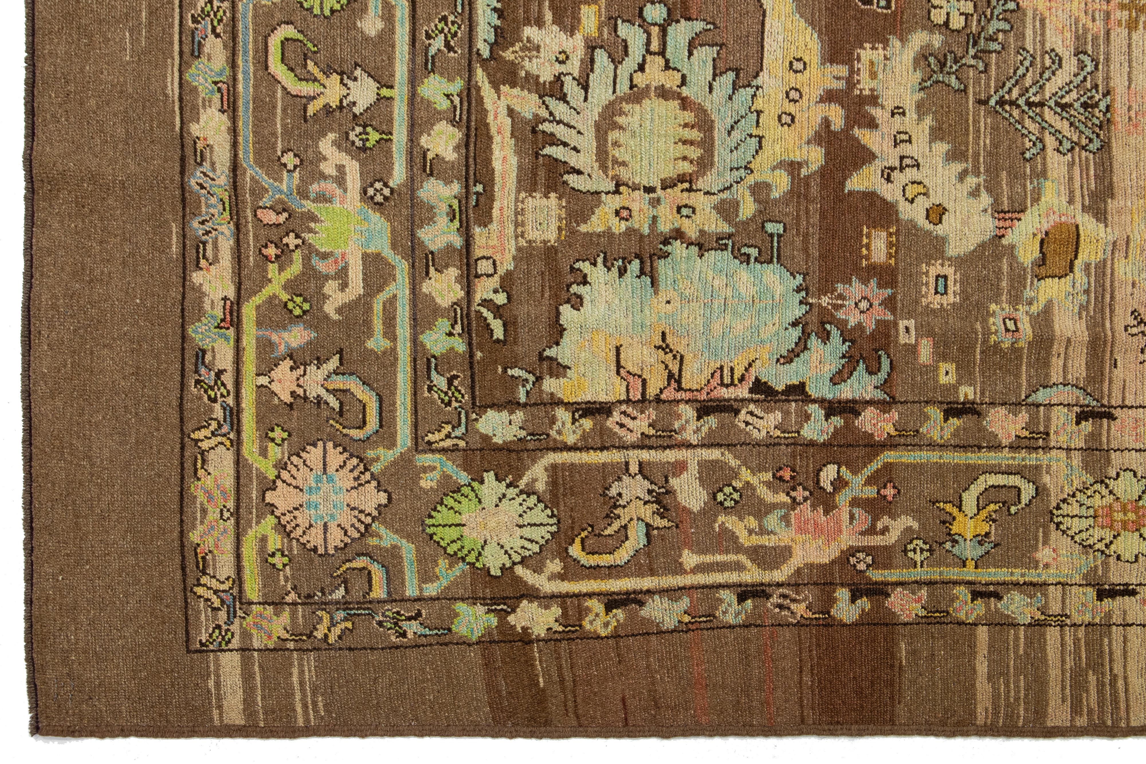 8 x 10 Modern Revival Handmade Brown Wool Rug With Floral Pattern For Sale 2
