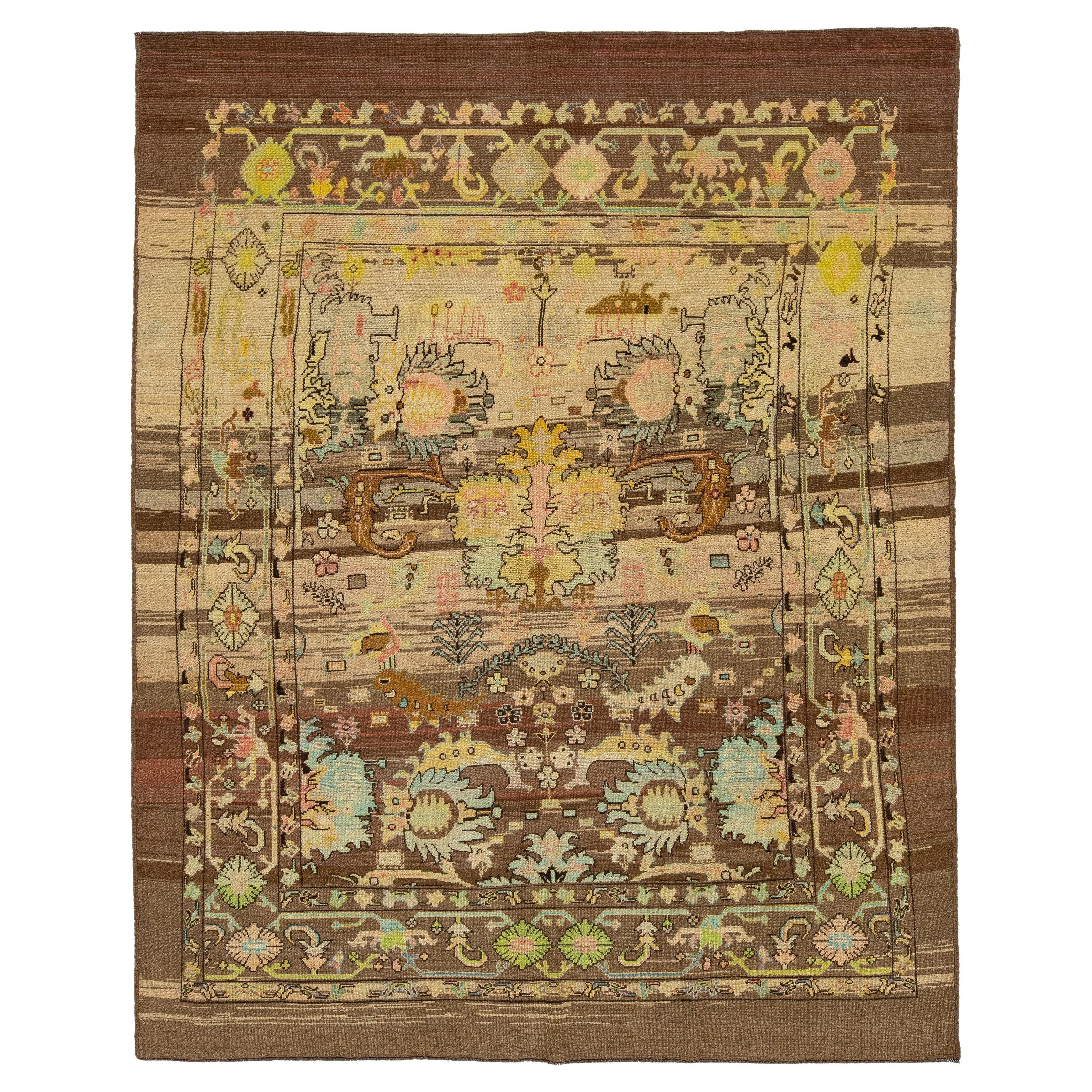 8 x 10 Modern Revival Handmade Brown Wool Rug With Floral Pattern