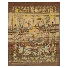 8 x 10 Modern Revival Handgefertigter brauner Wollteppich mit Blumenmotiv