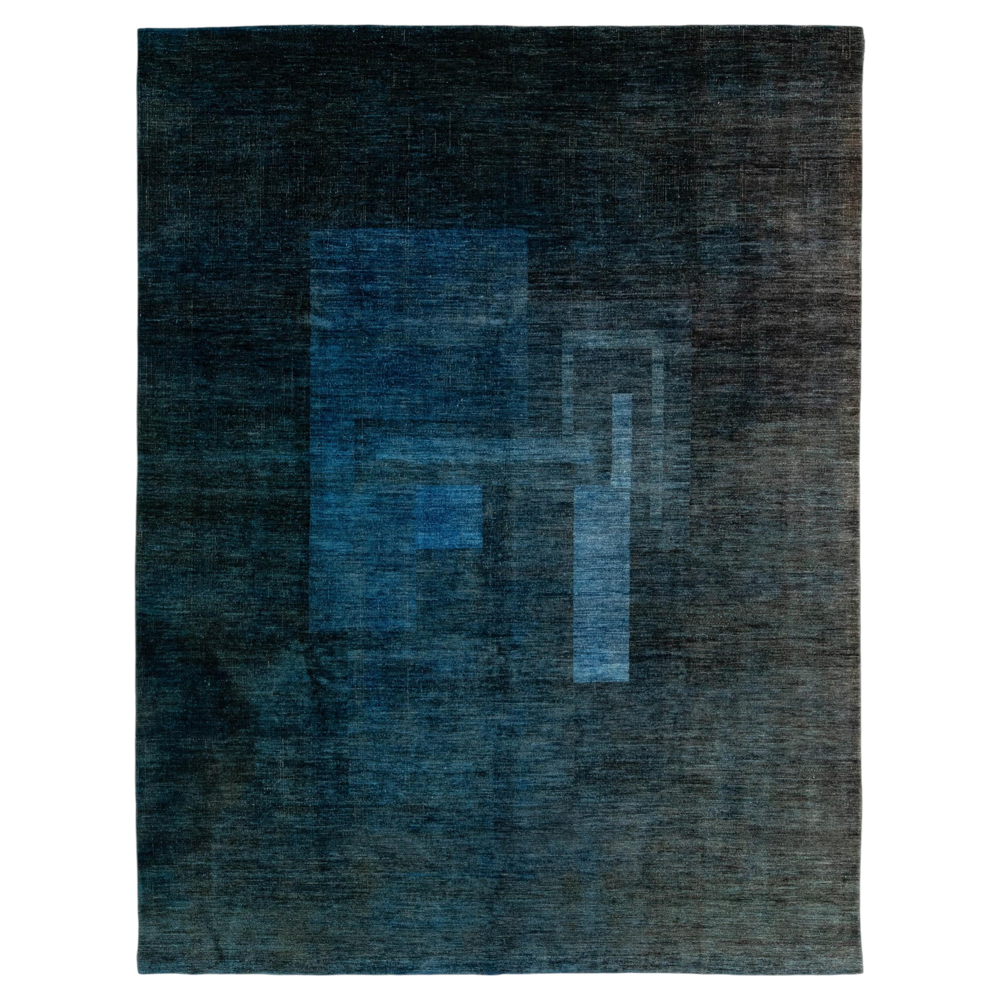 8 x 11 Abstract Geometric Indigo Overdyed Modern Wool Area Rug For Sale