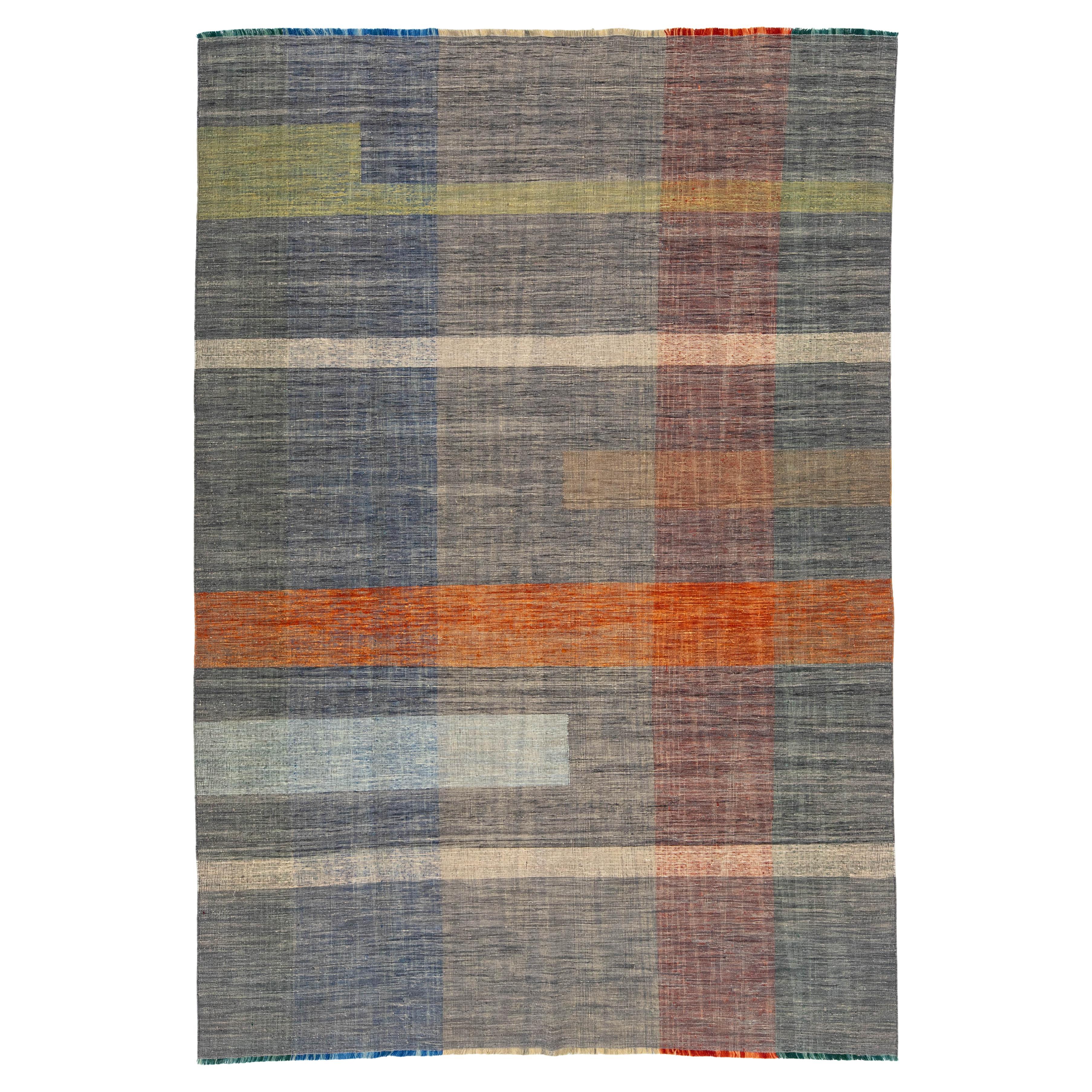 8 x 11 Contemporary Kilim Flatweave Multicolored Wool rug With Geometric Design