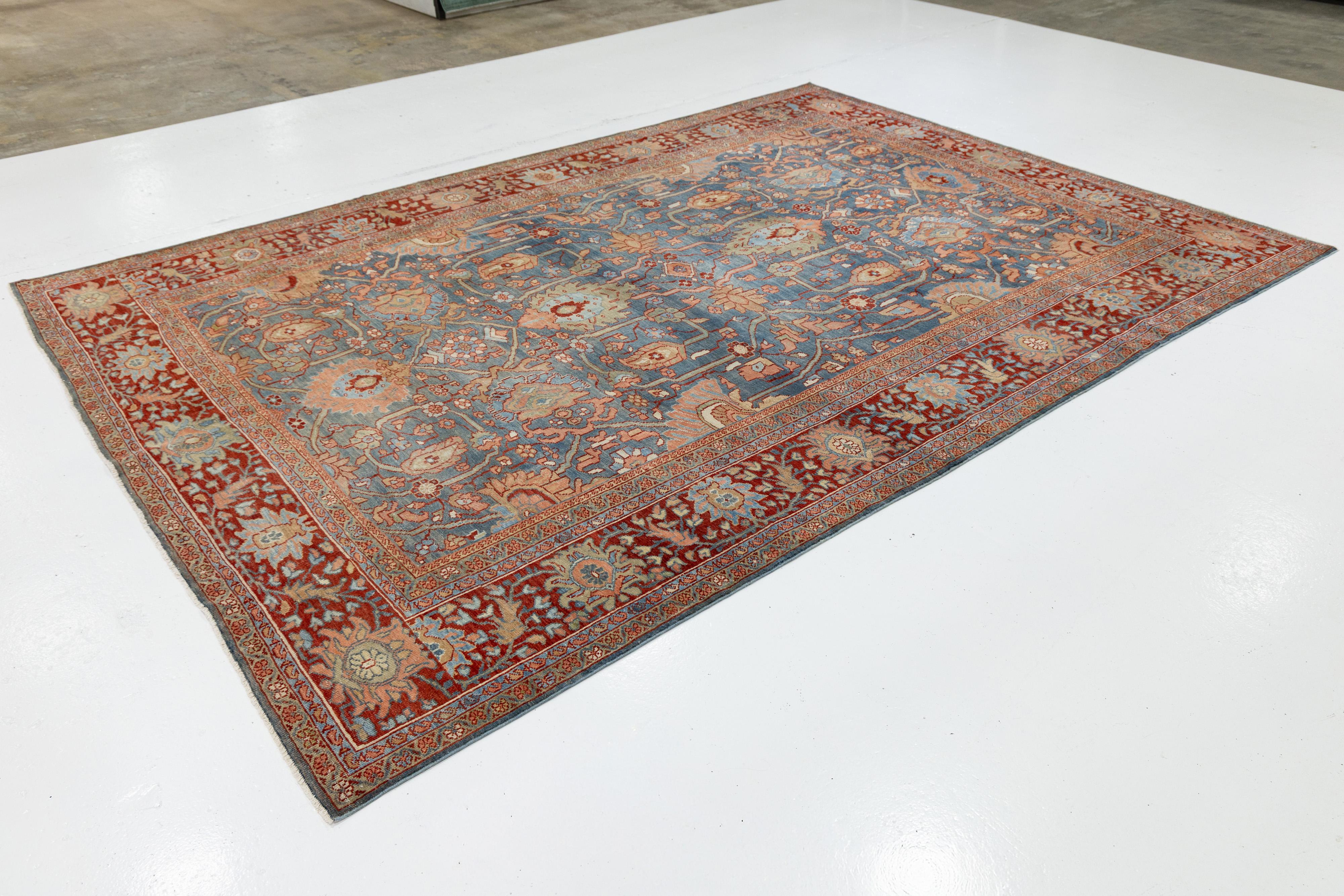 Noué à la main 8 x 12 Antique 1900s Sultanabad Rugs - Laine nouée à la main en bleu en vente