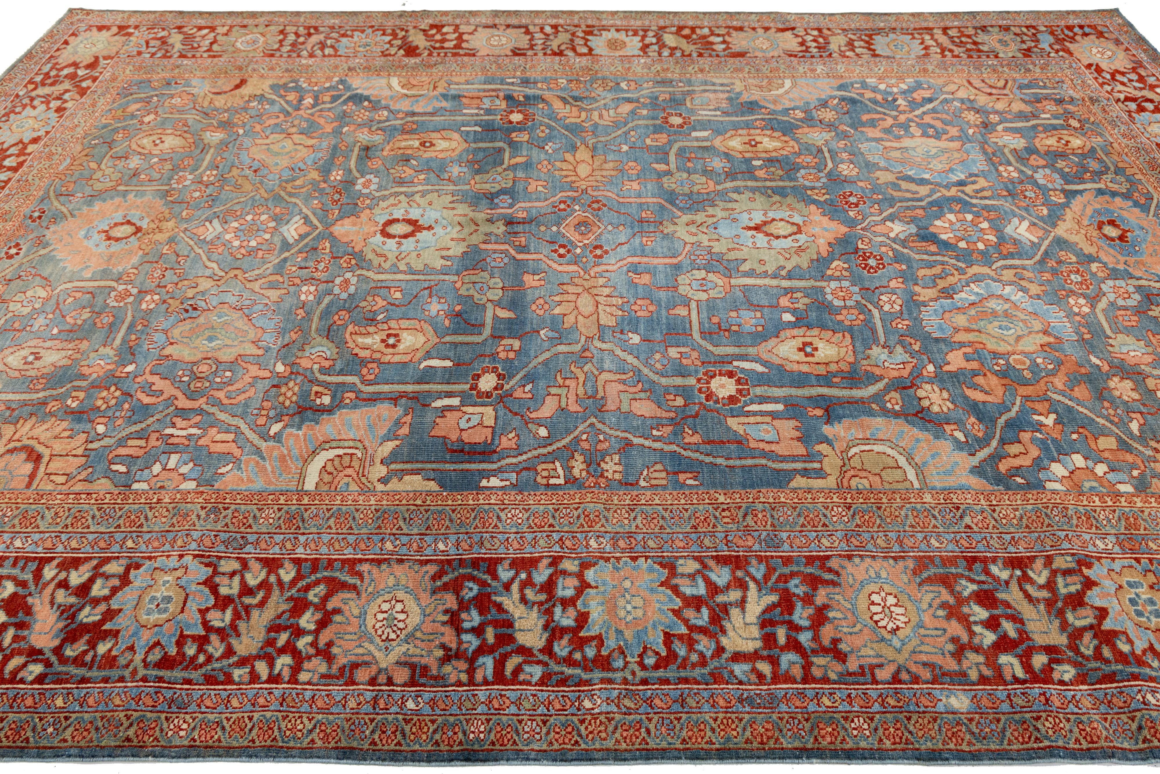 20ième siècle 8 x 12 Antique 1900s Sultanabad Rugs - Laine nouée à la main en bleu en vente