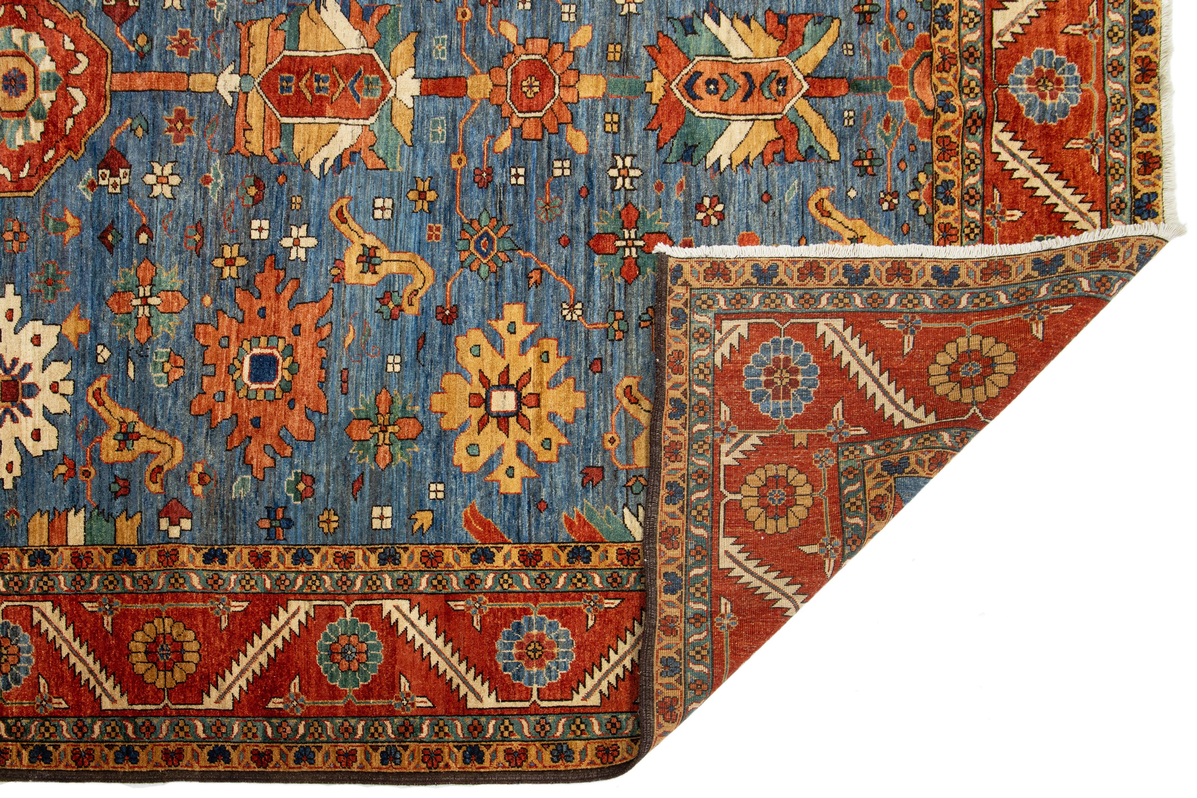 8 x 14 Contemporary Serapi-Style Blue Wool Rug Featuring a Floral Design For Sale 4