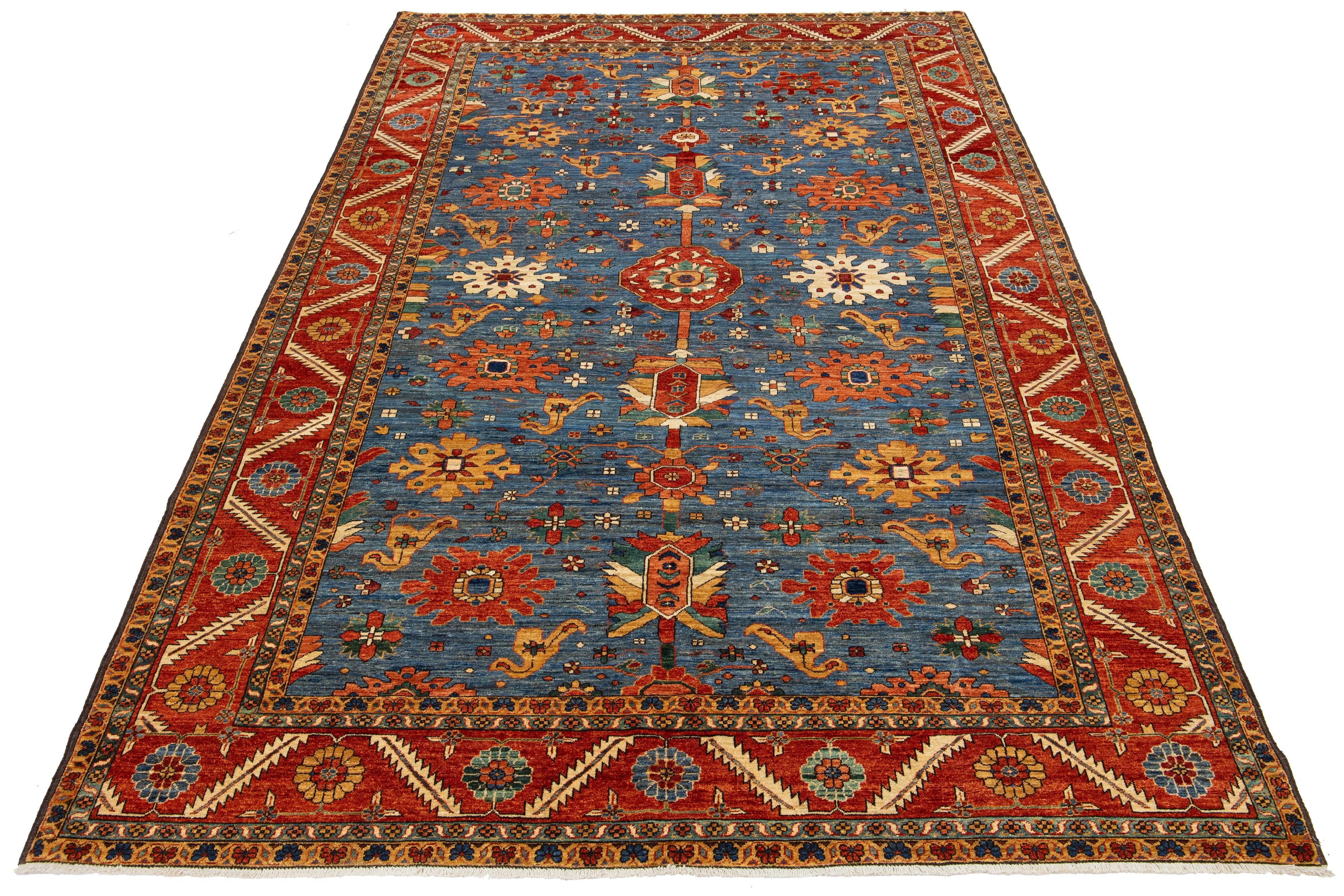 8 x 14 Contemporary Serapi-Style Blue Wool Rug Featuring a Floral Design In New Condition For Sale In Norwalk, CT