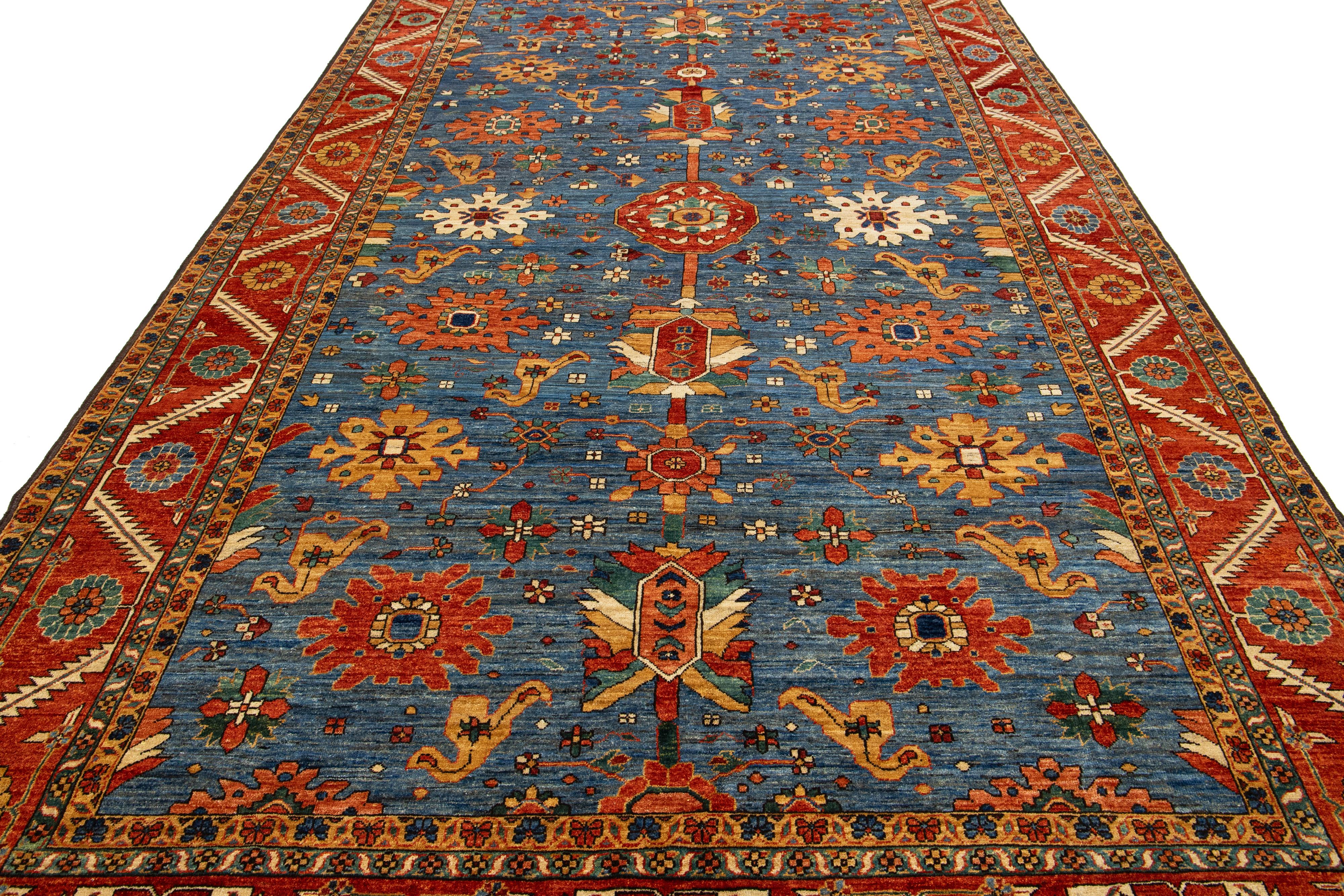 8 x 14 Contemporary Serapi-Style Blue Wool Rug Featuring a Floral Design For Sale 1