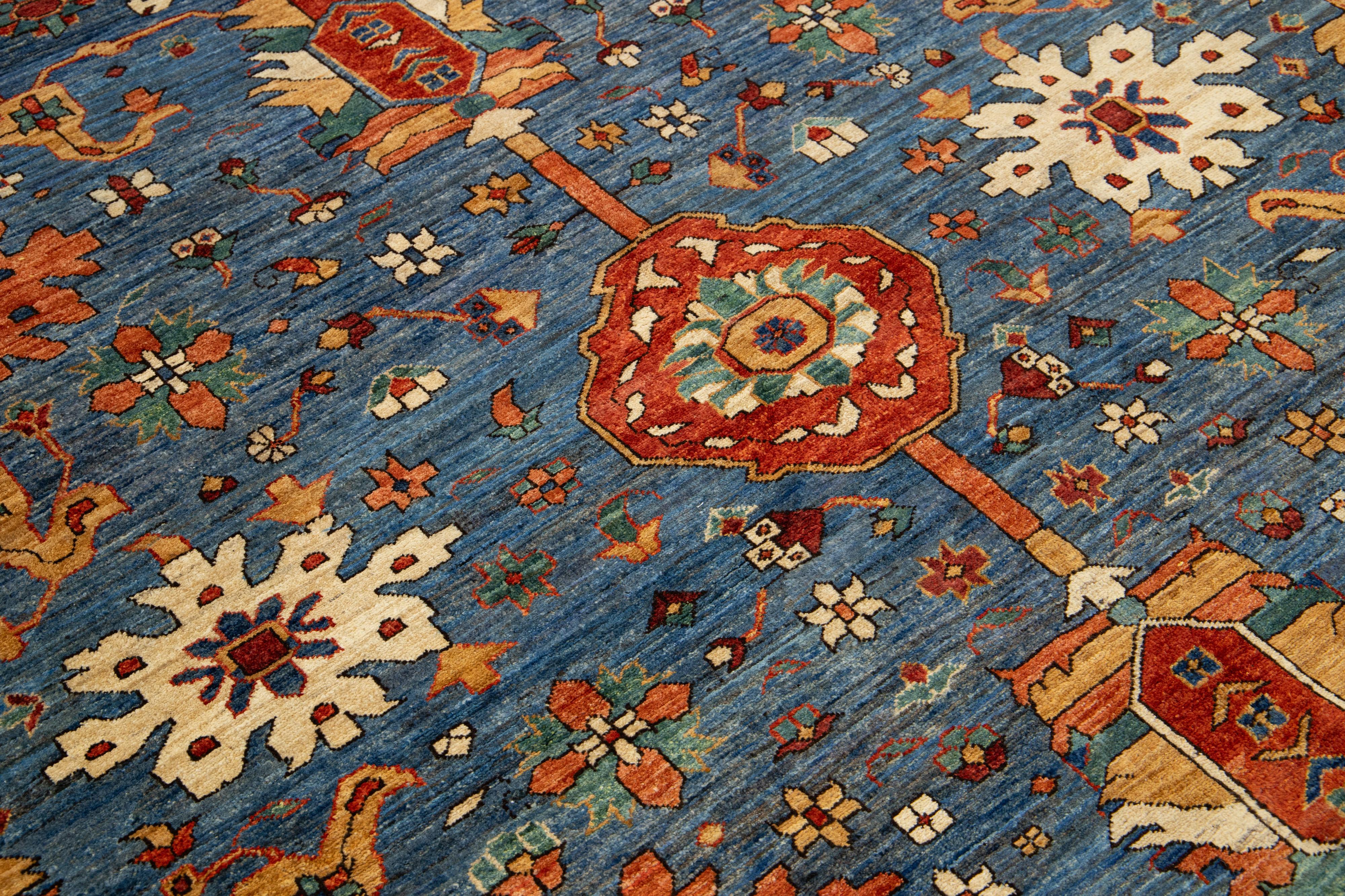 8 x 14 Contemporary Serapi-Style Blue Wool Rug Featuring a Floral Design For Sale 2