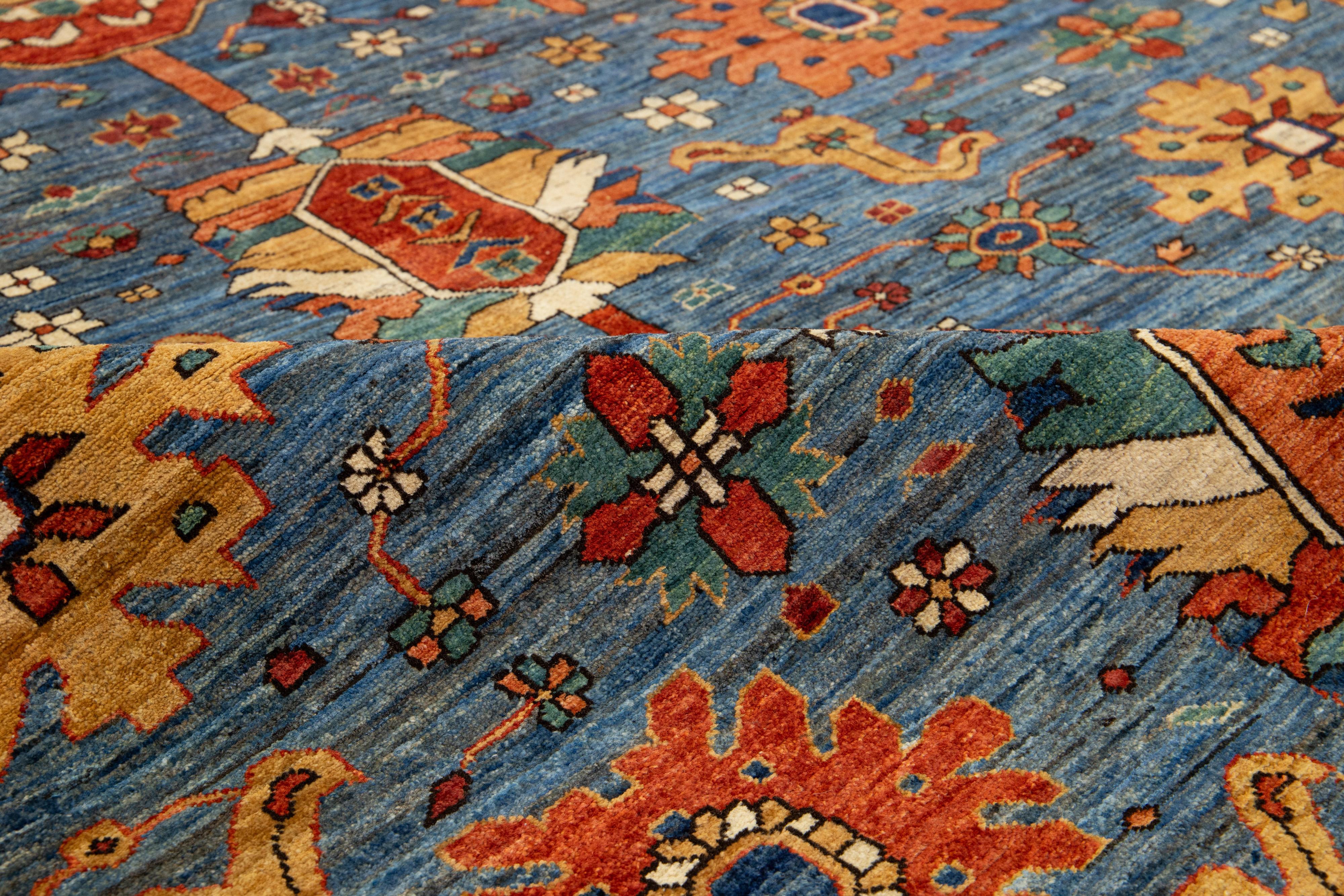 8 x 14 Contemporary Serapi-Style Blue Wool Rug Featuring a Floral Design For Sale 3