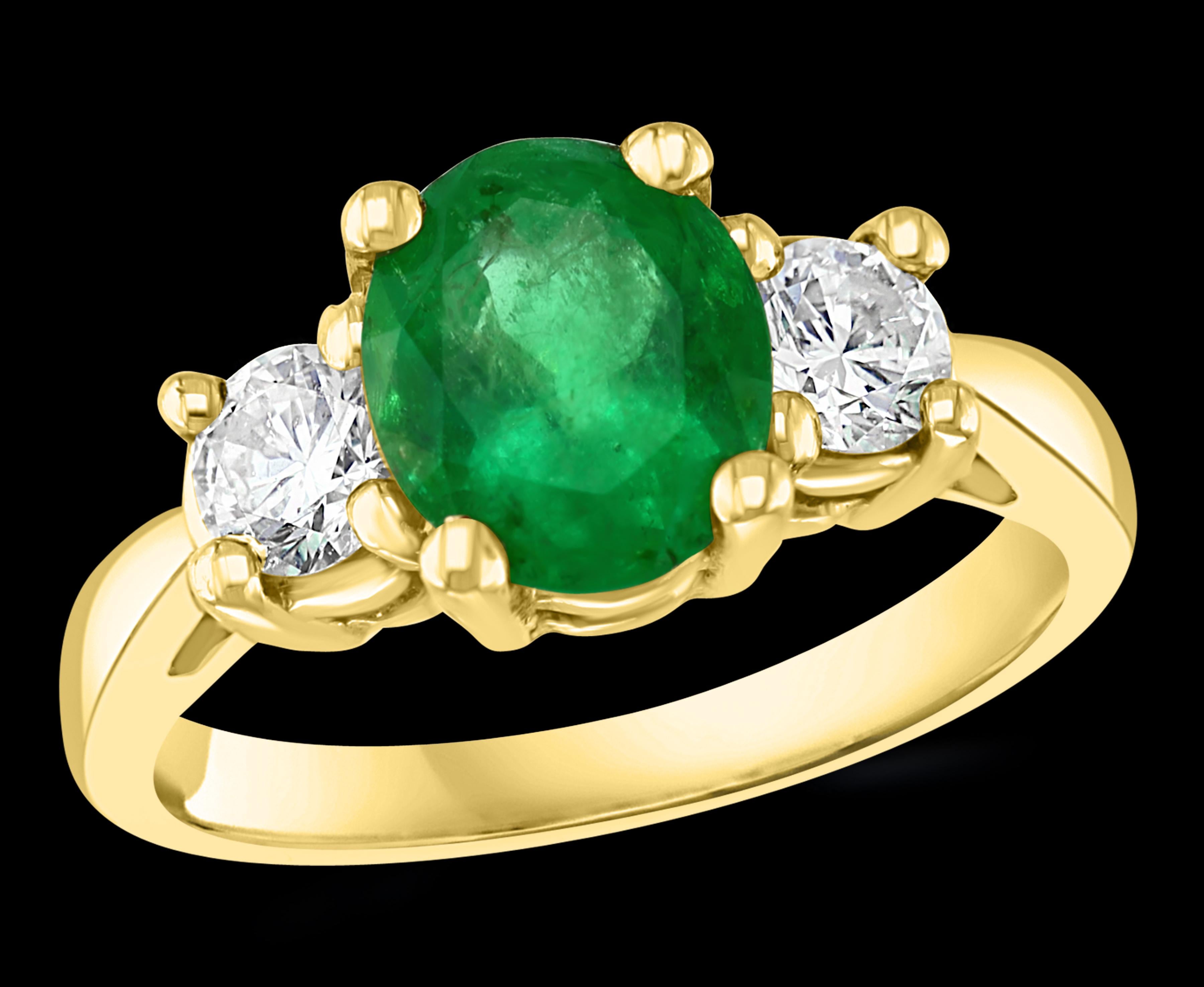 
8 X 7 Oval Cut Emerald And Diamond Ring 14 Karat Yellow Gold Size 5.5
Oval Shape Emerald Ring 
 Intense green color 
 All natural emeralds have inclusions  . 
15 pointer diamond on both side of the oval emerald 
Total diamonds 0.30 Ct
Very Nice