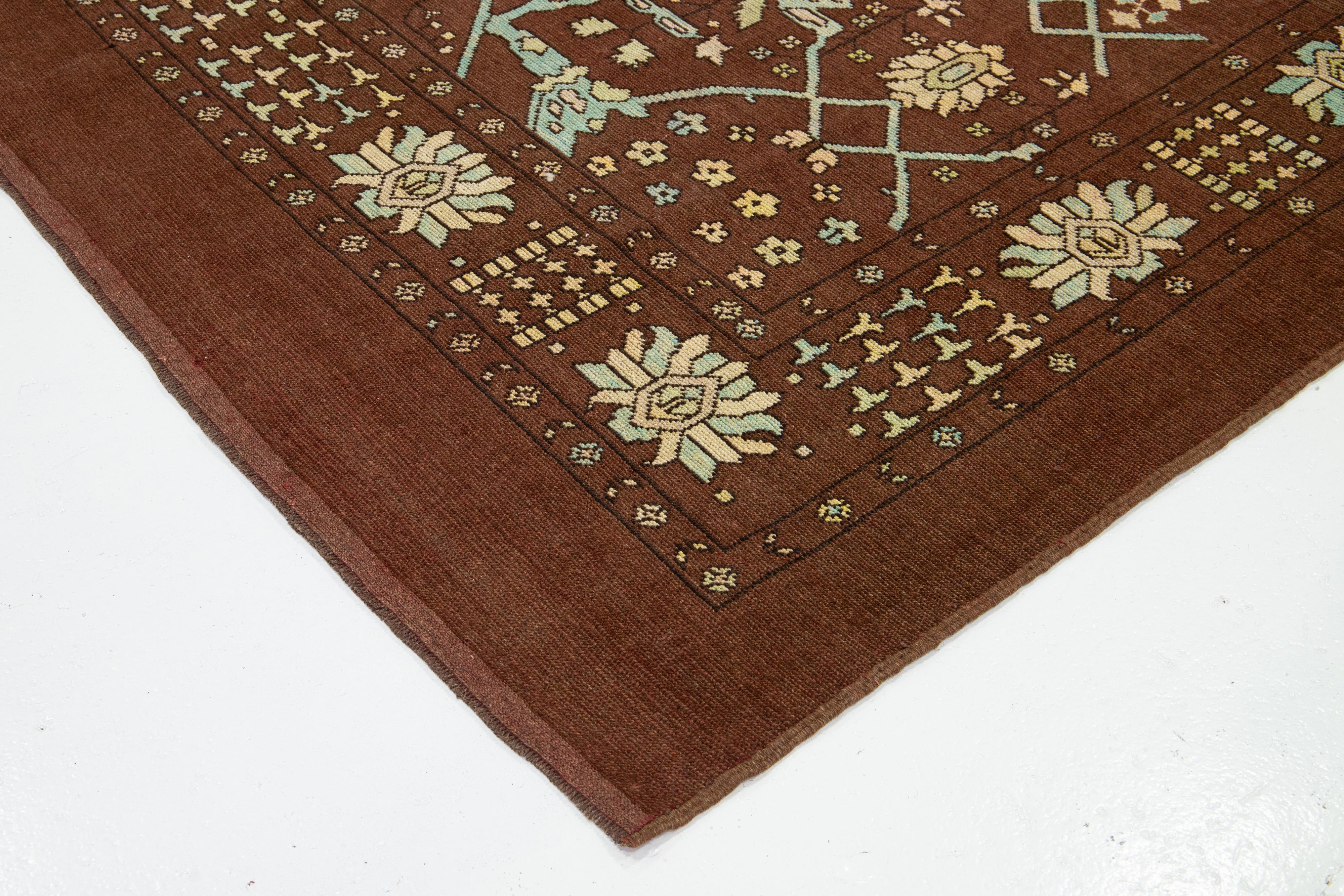 8 x 9 Modern Floral Designed Revival Wool Rug In Brown For Sale 3