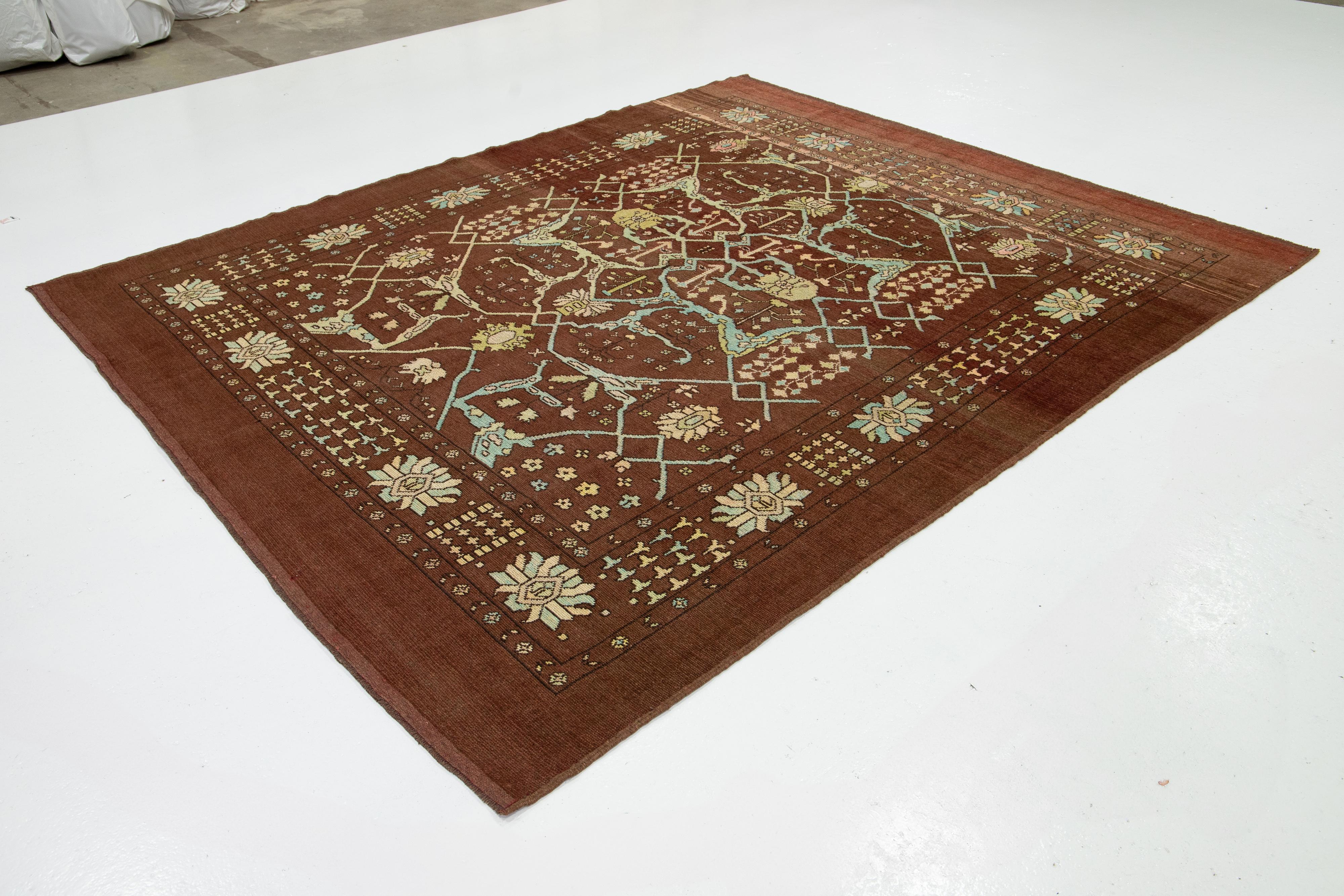 Regency Revival 8 x 9 Modern Floral Designed Revival Wool Rug In Brown For Sale
