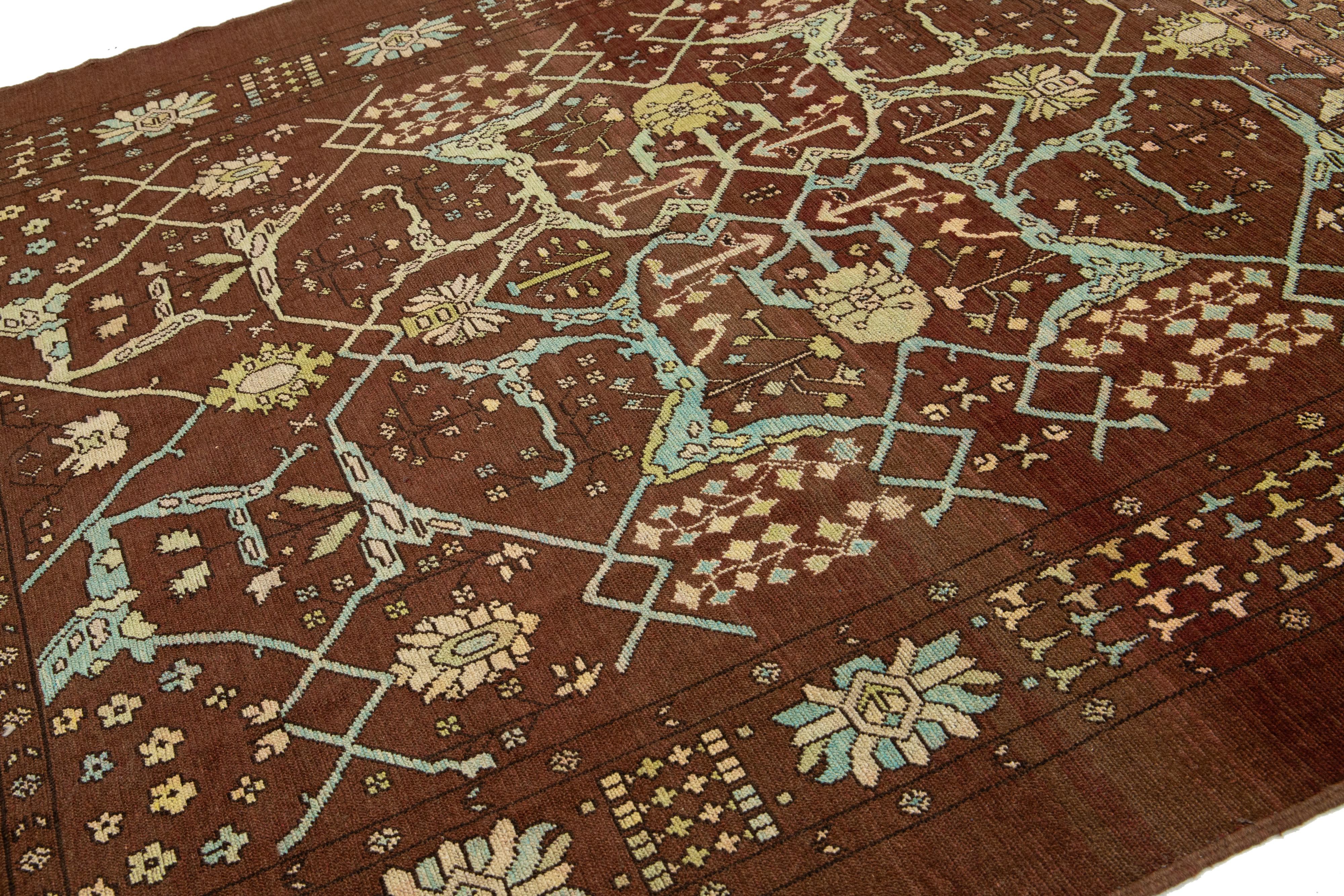 Afghan 8 x 9 Modern Floral Designed Revival Wool Rug In Brown For Sale