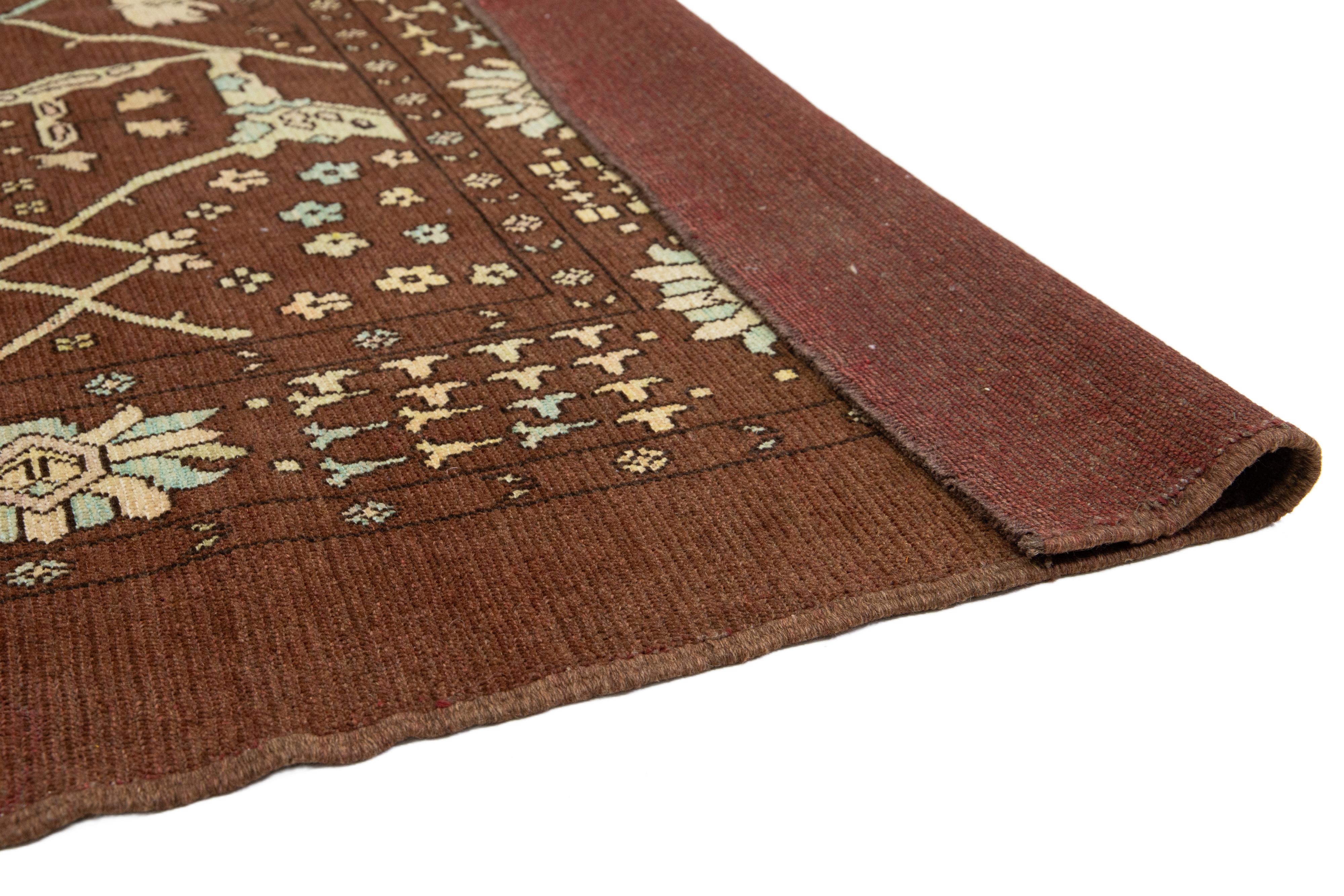 Hand-Knotted 8 x 9 Modern Floral Designed Revival Wool Rug In Brown For Sale