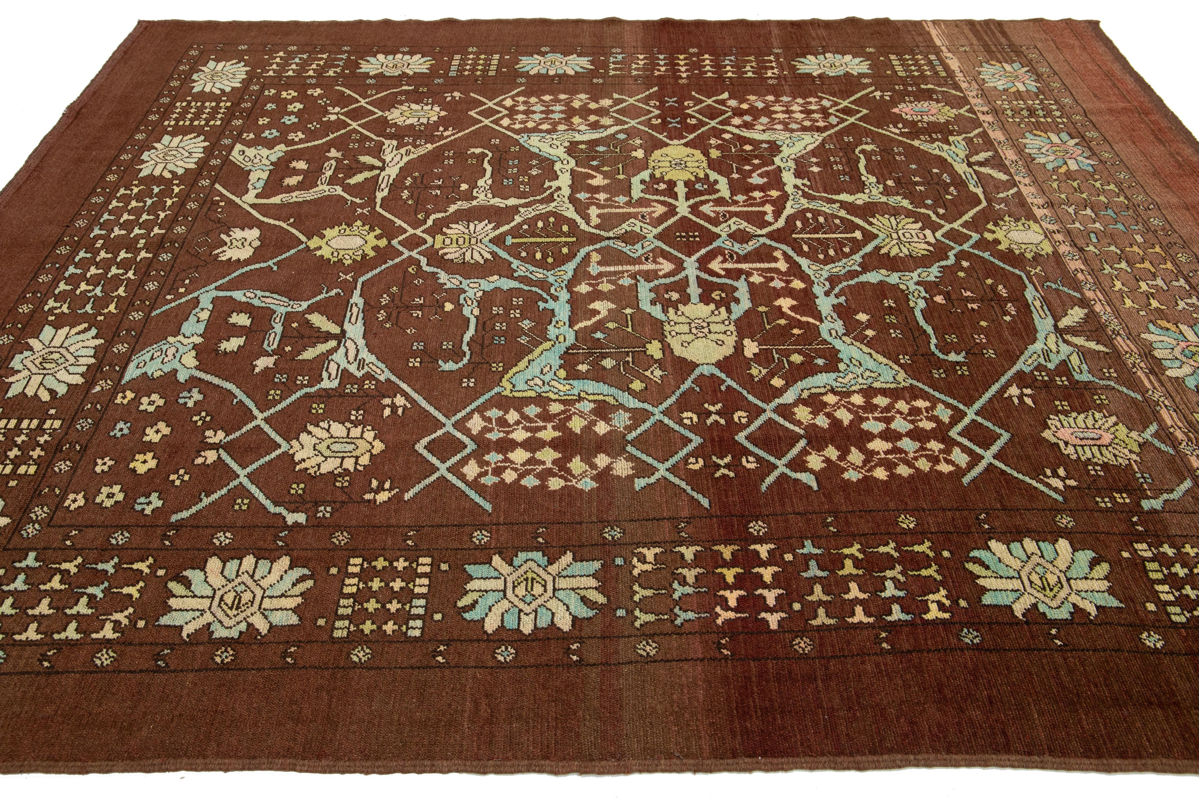 Contemporary 8 x 9 Modern Floral Designed Revival Wool Rug In Brown For Sale